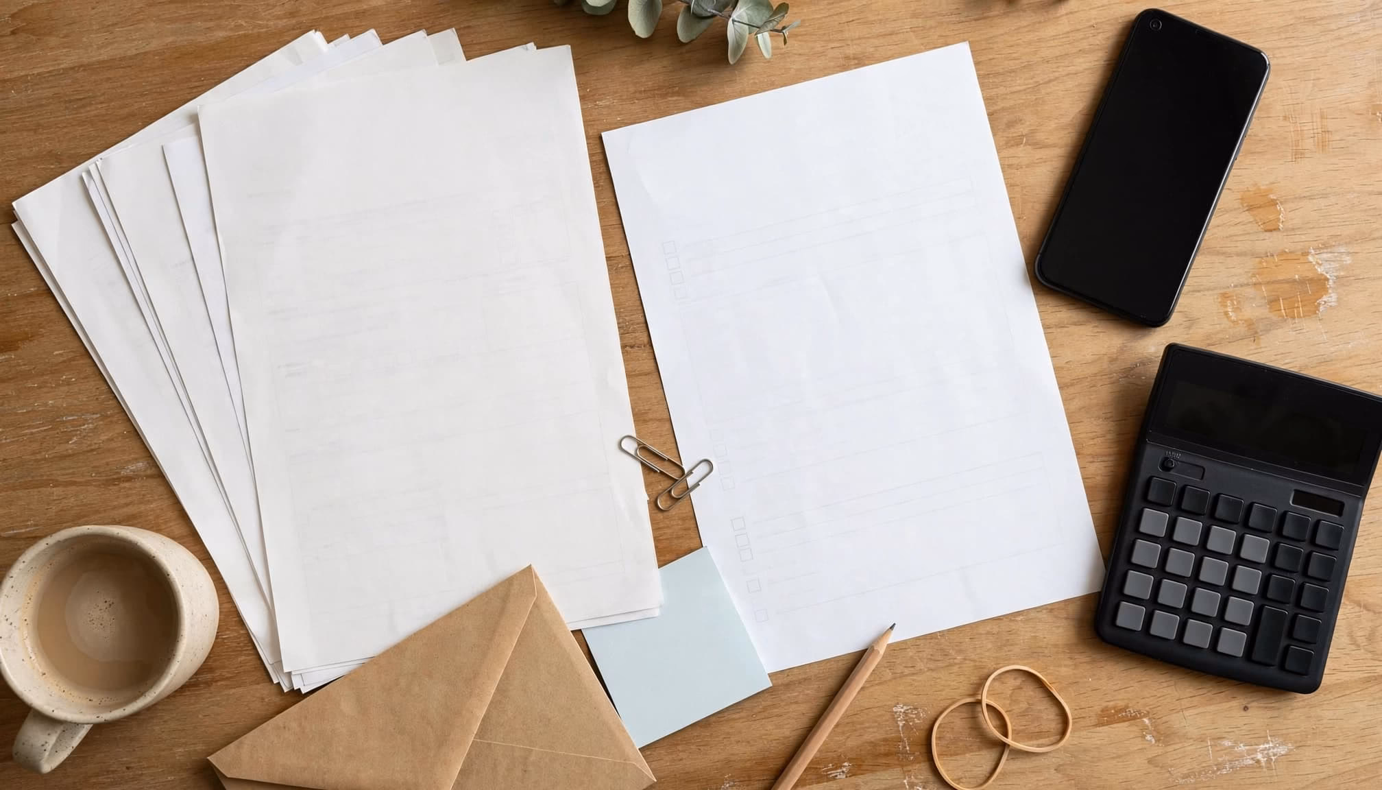 Blank withdrawal forms, a phone, and calculator arranged on a bright kitchen table.