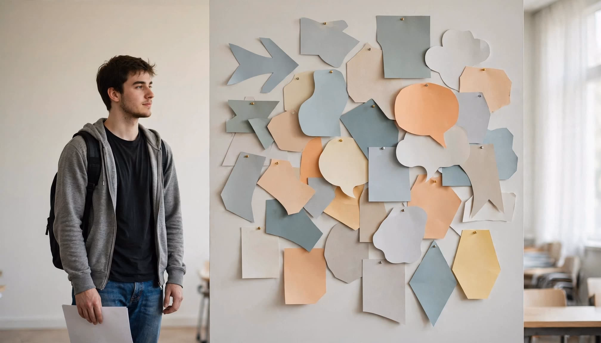 A student holds notes beside abstract paper shapes on a seminar room wall.