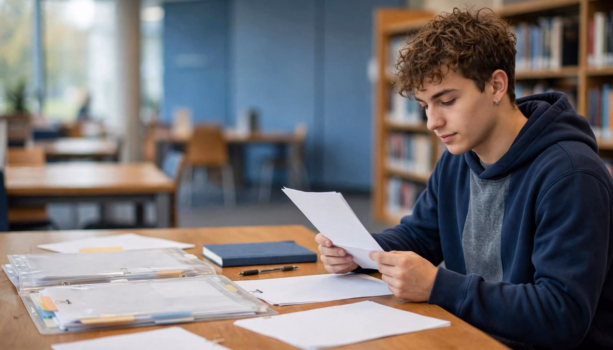 A student reviews a funding letter beside an evidence folder in a quiet university library.
