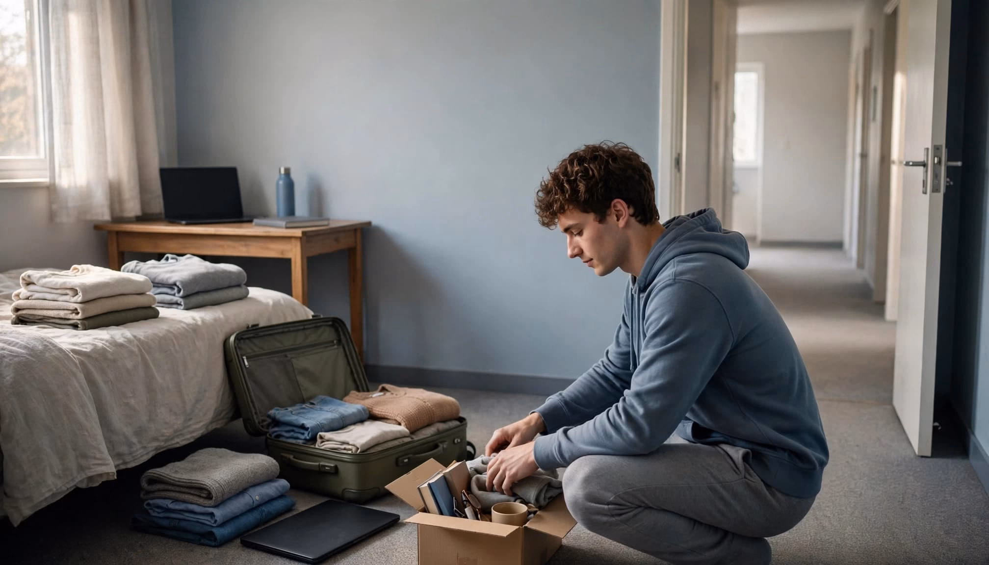 A student packs books beside a suitcase in a modest dorm room.