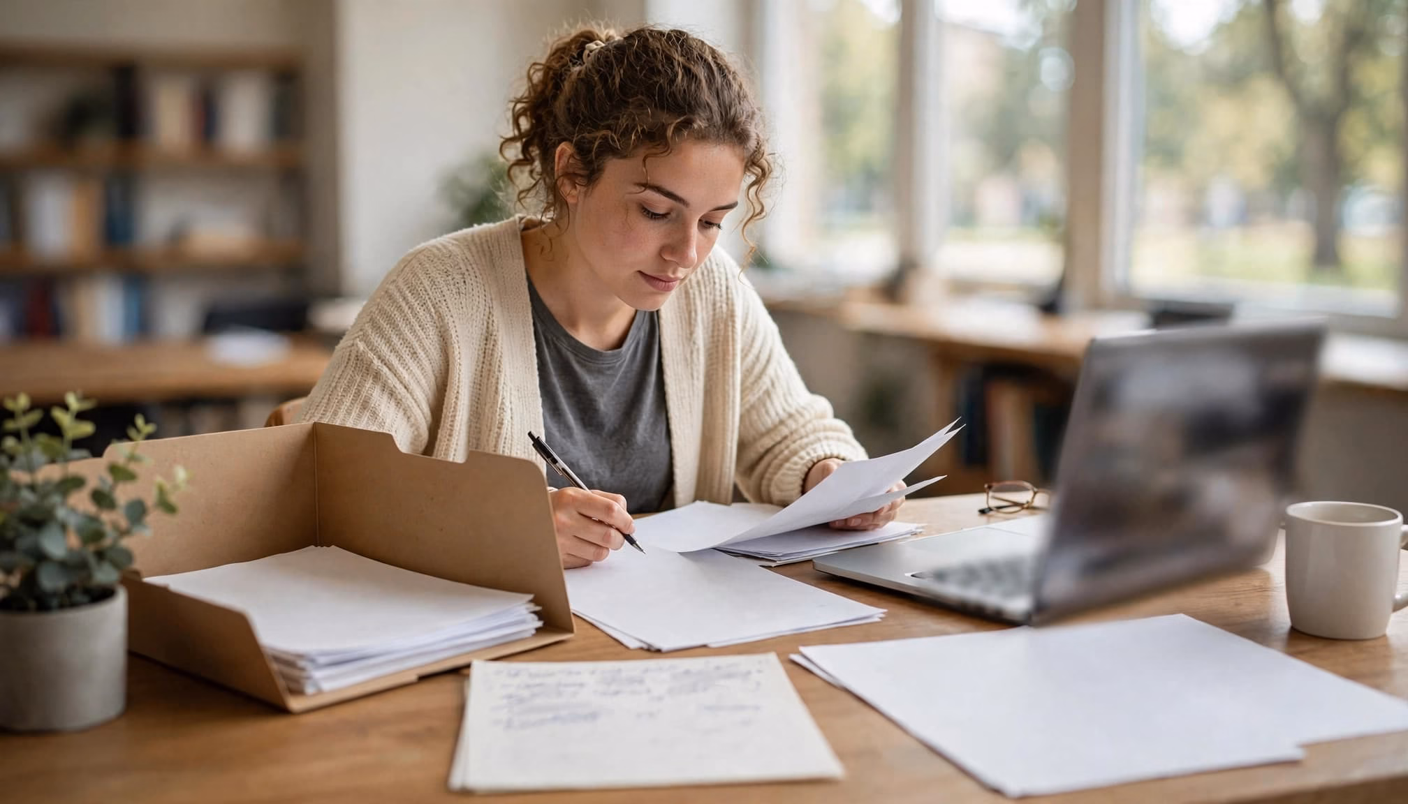 A student reviews papers and notes at a tidy desk beside a laptop.