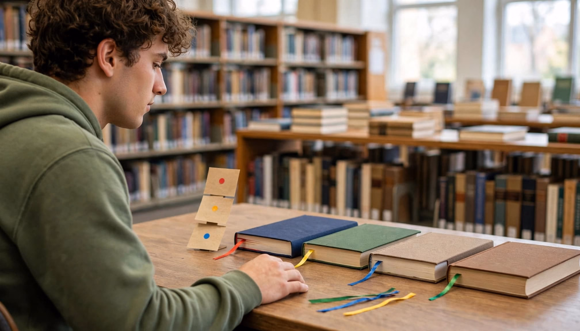 A student compares bookmarked library books beside a study desk.