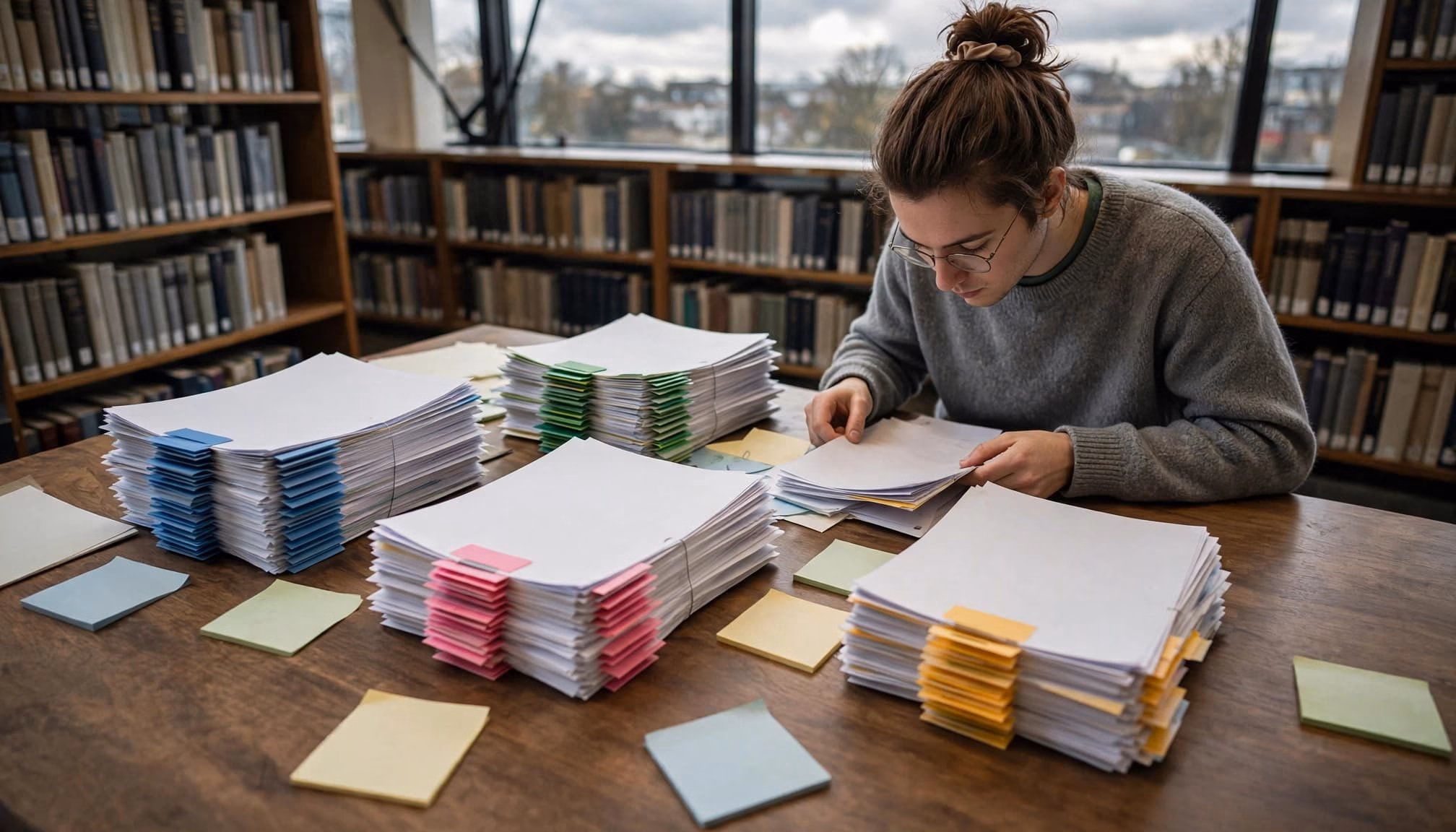 A student sorts papers and notes into themed piles at a library table.