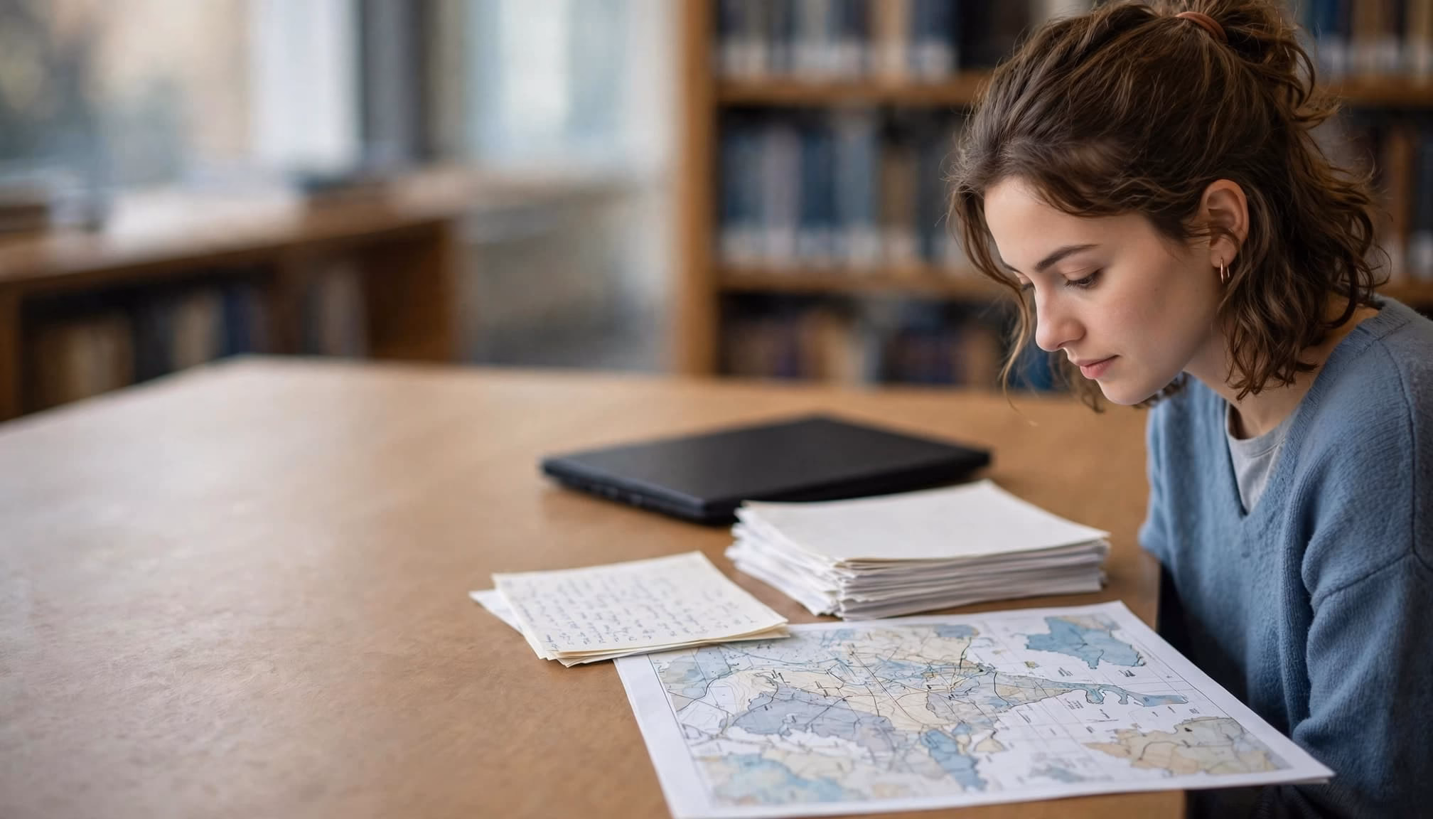A student reviews research notes and papers at a library table beside a closed laptop.