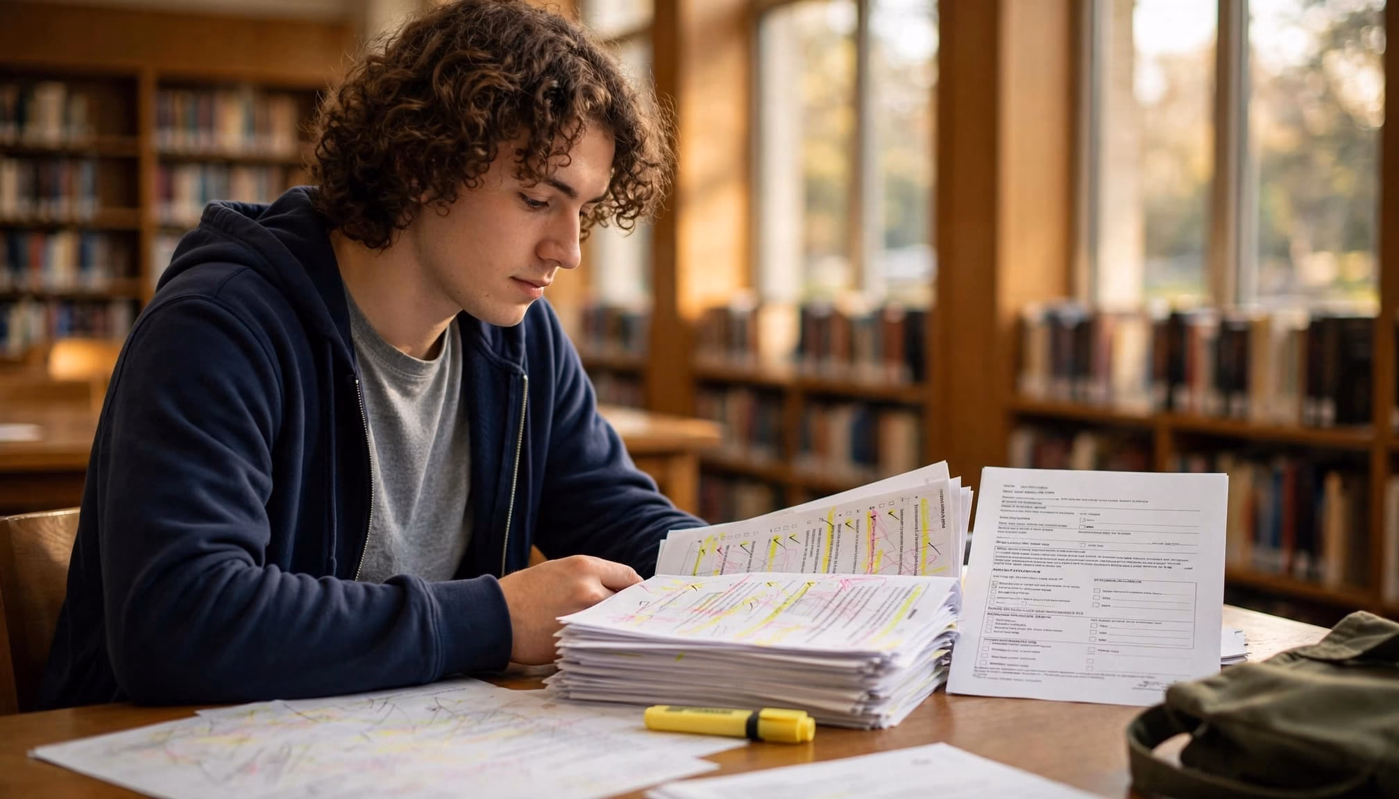 A student reviews marked coursework beside a blank appeal form in a sunlit library.