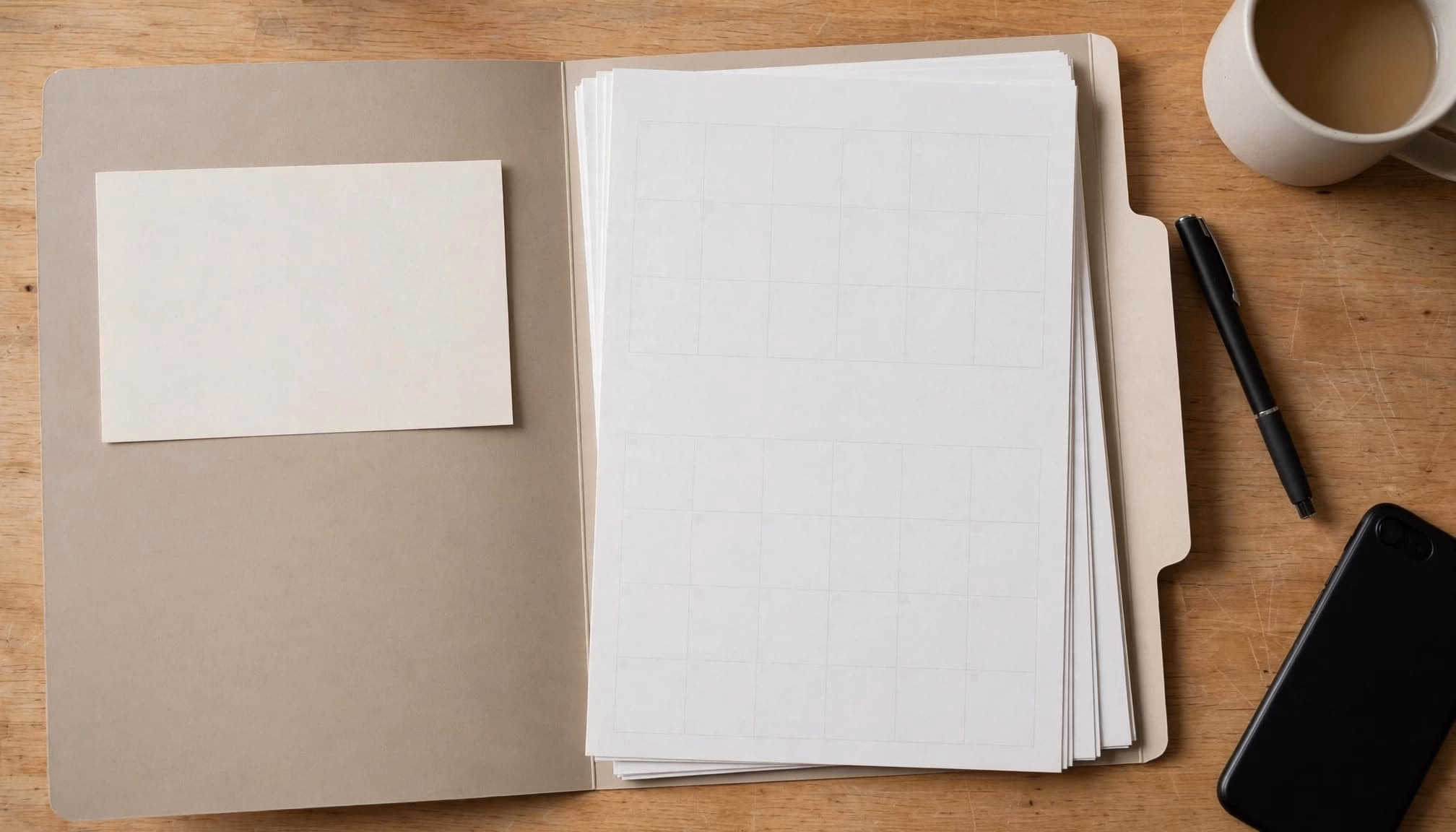 Folder with blank cards, calendar pages, pen, phone, and mug on a wooden table.