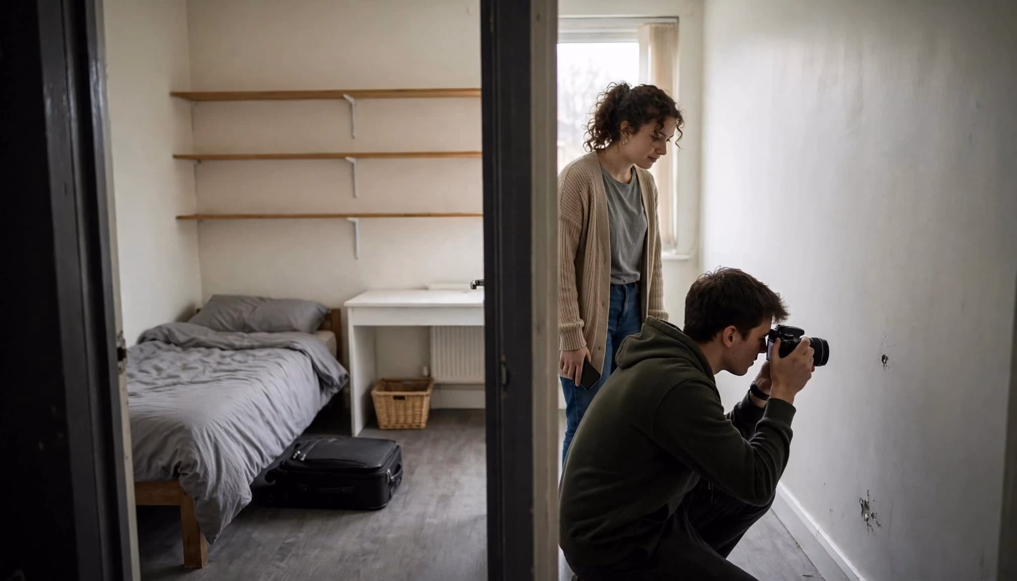Two students document a wall scuff in a mostly empty bedroom.
