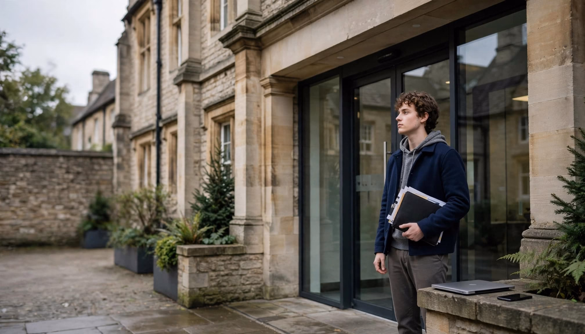 A student with documents stands outside a stone university admissions building.
