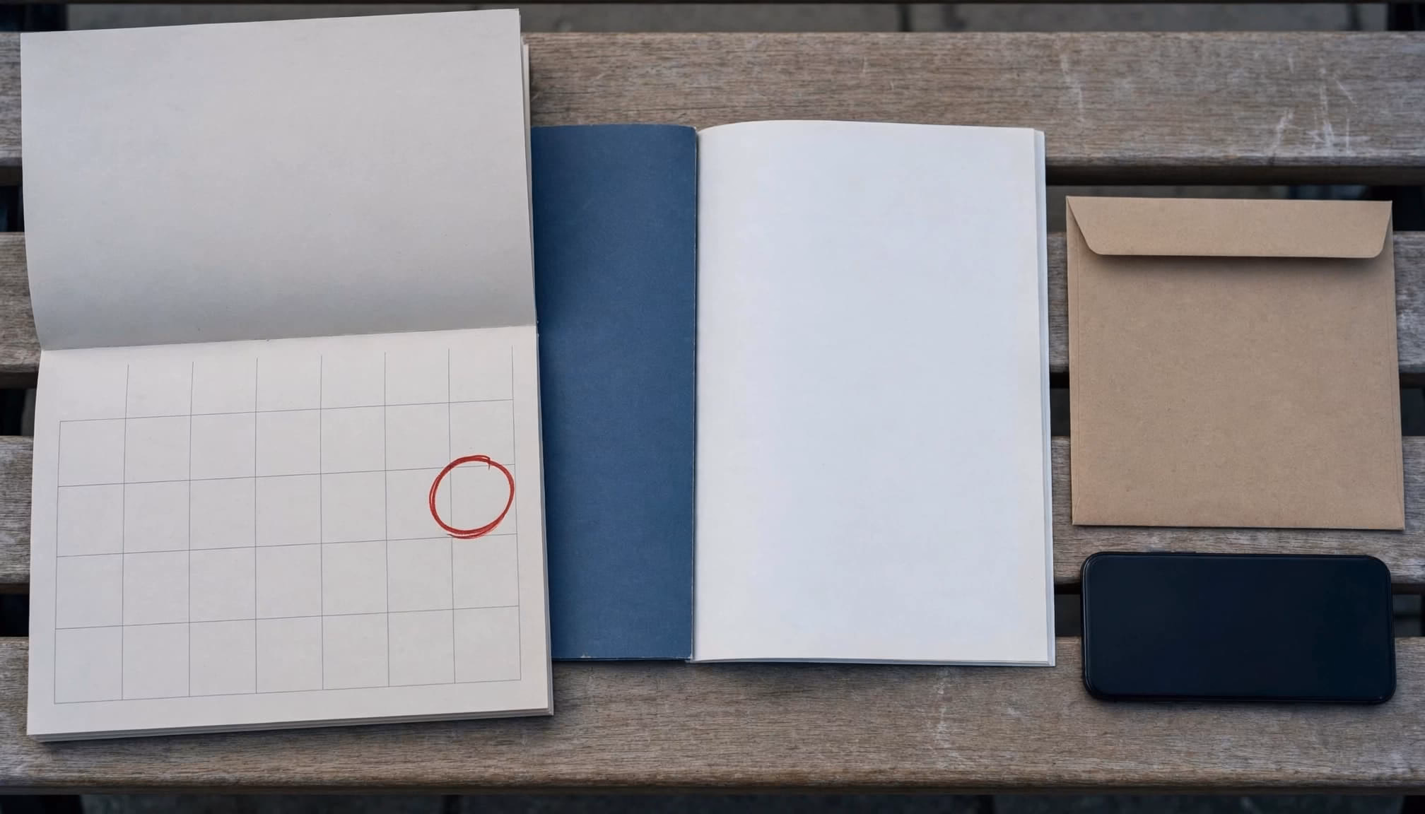 Calendar, regulations booklet, envelope, and smartphone arranged on a university corridor bench.