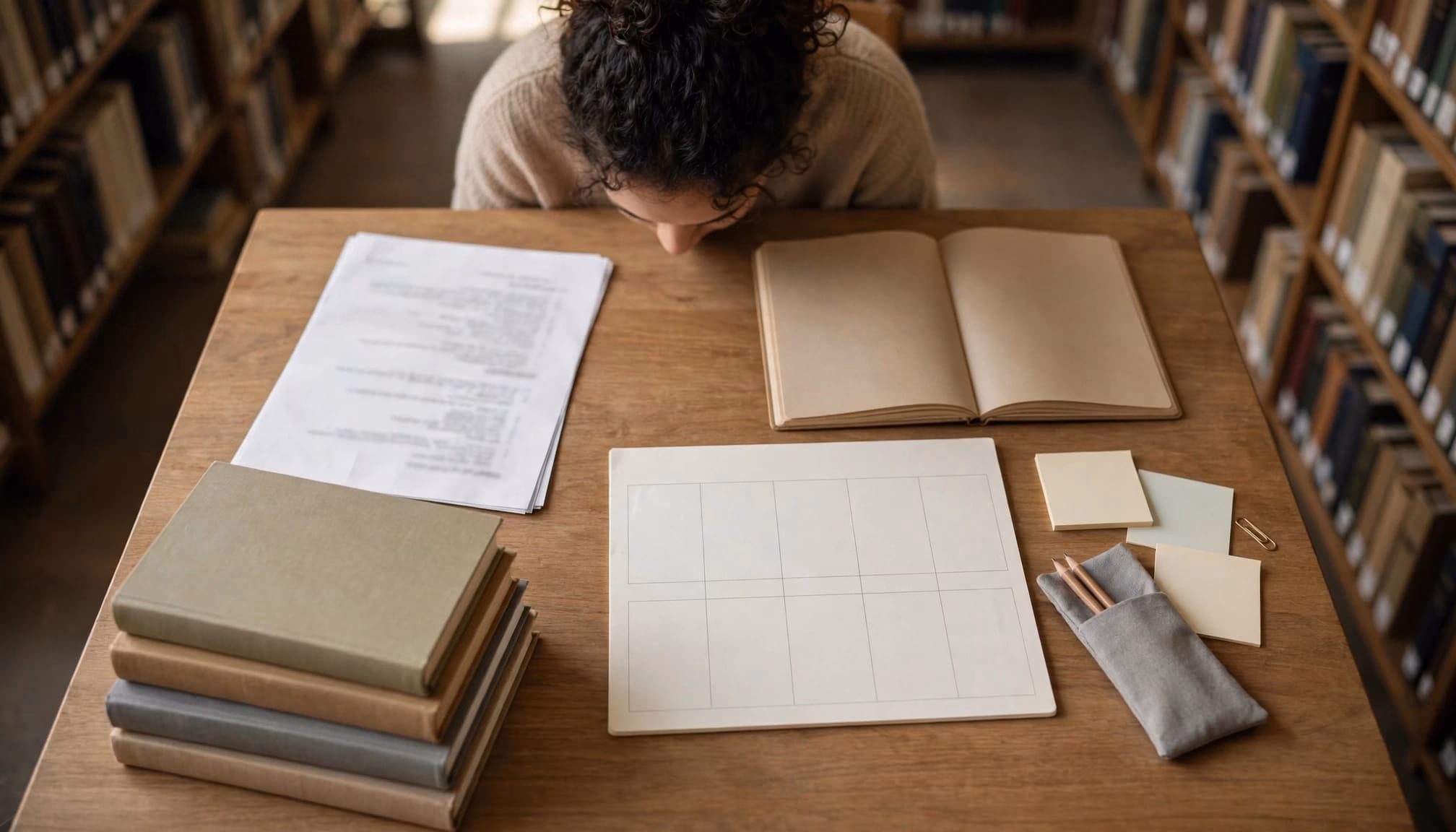 A student organises a reading list, notebook, planner, and library books at a table.