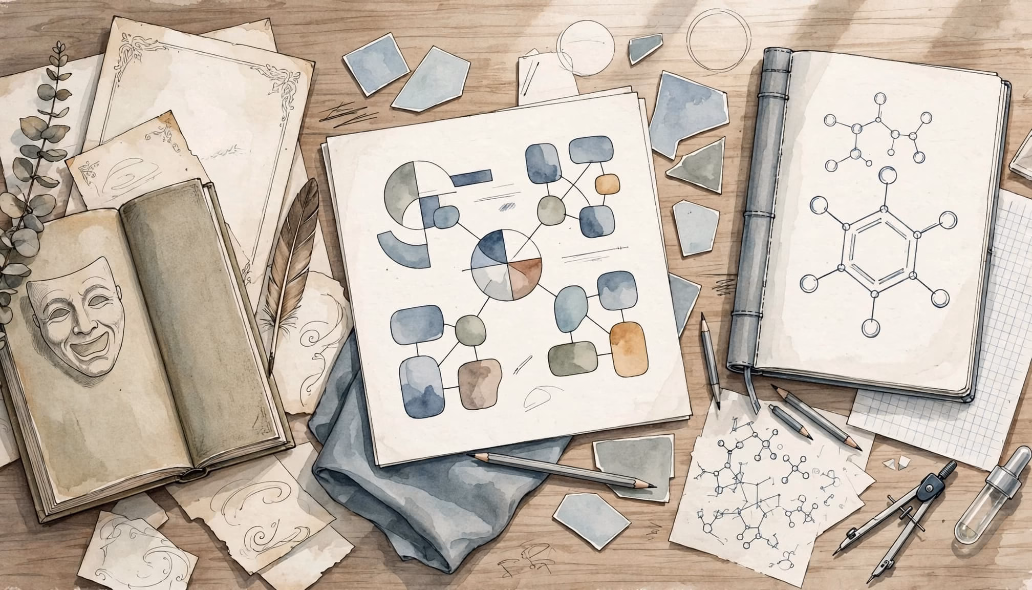 An overhead watercolor illustration of a desk with an open book, a chart, and a science notebook.