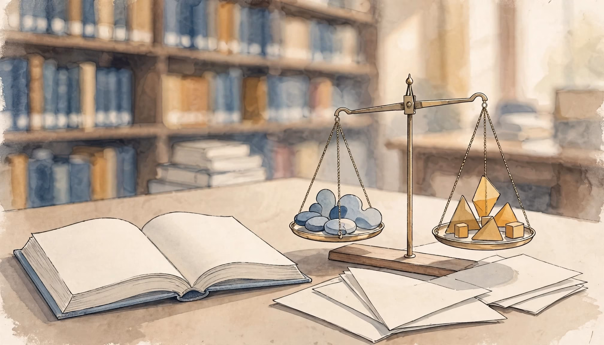 An open book and a scale with geometric shapes on a library desk.