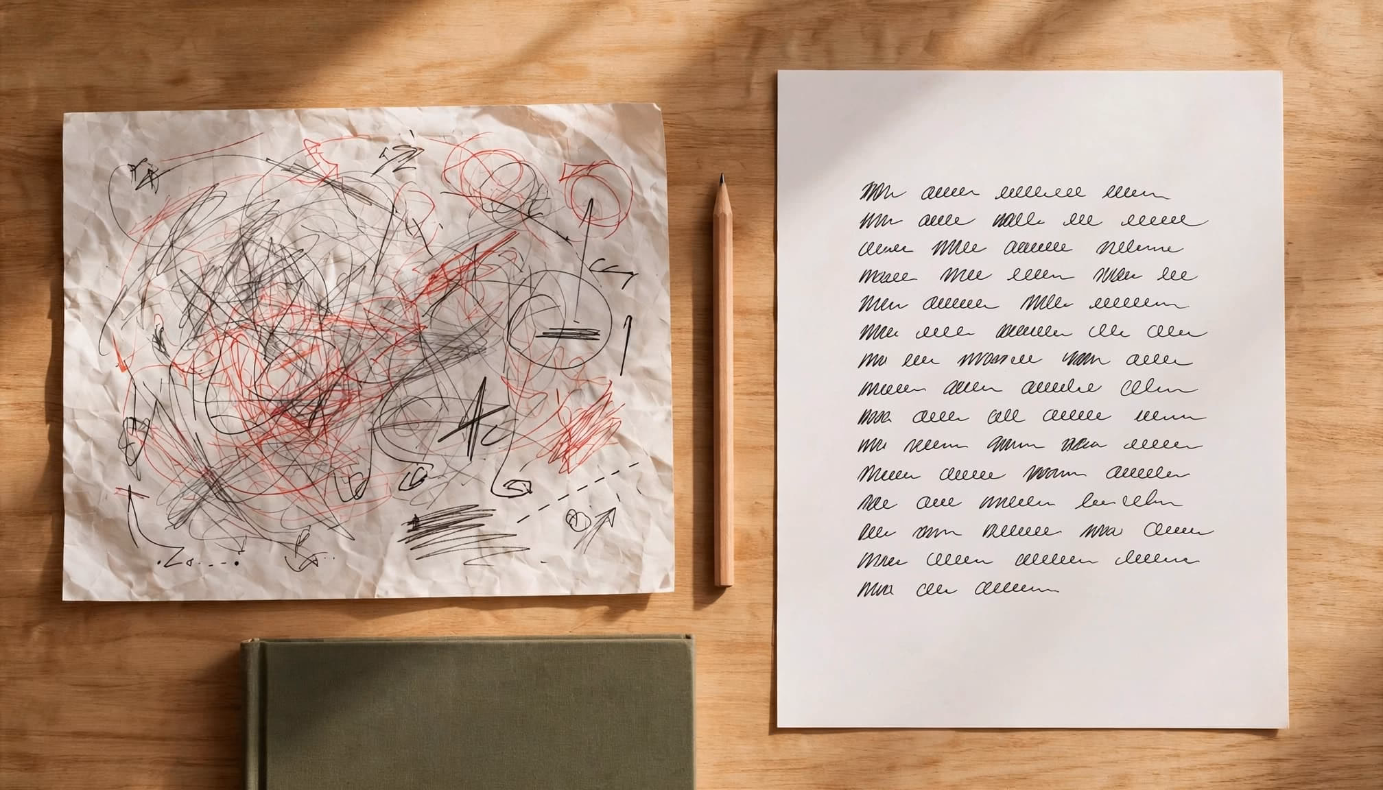 An overhead view of a wooden table with a messy drafted paper, a pencil, a clean written paper, and a closed book.