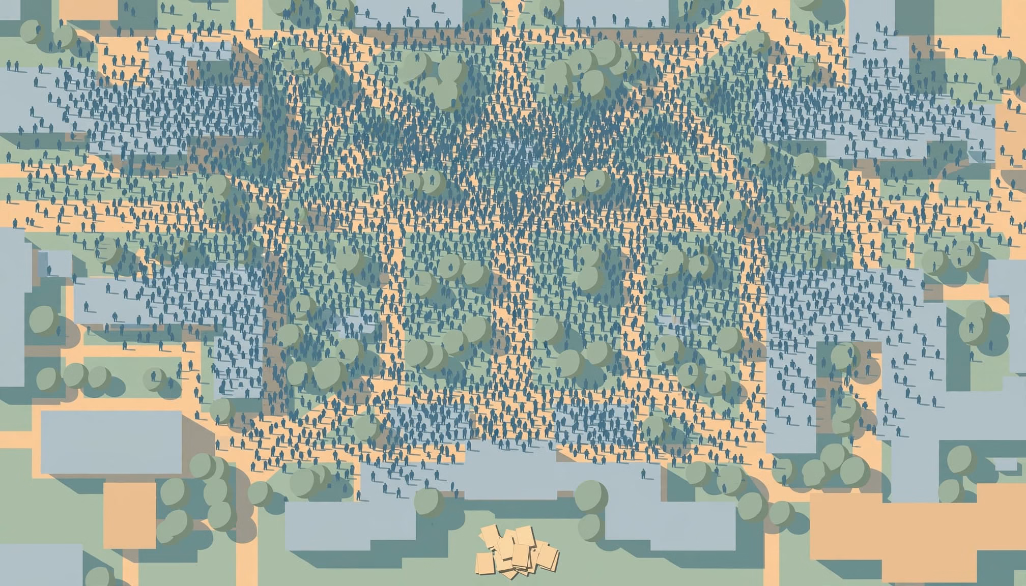 An aerial illustration of a campus filled with tiny student silhouettes and a small pile of survey sheets.
