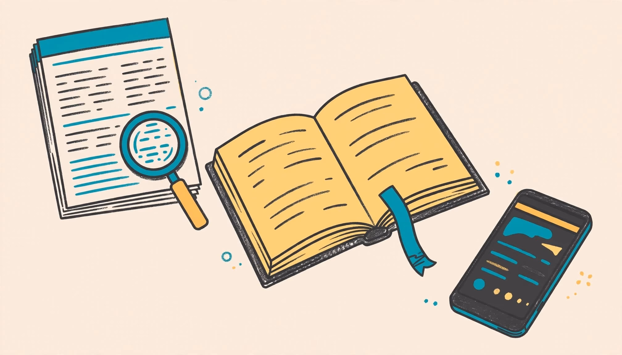 An illustration showing a document with a magnifying glass, an open book with a bookmark, and a smartphone.
