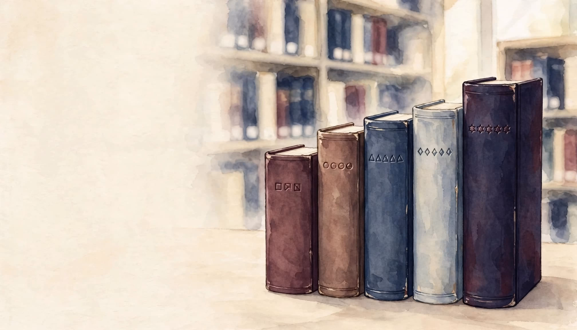 A watercolor illustration of five colored academic books arranged by height on a library table.