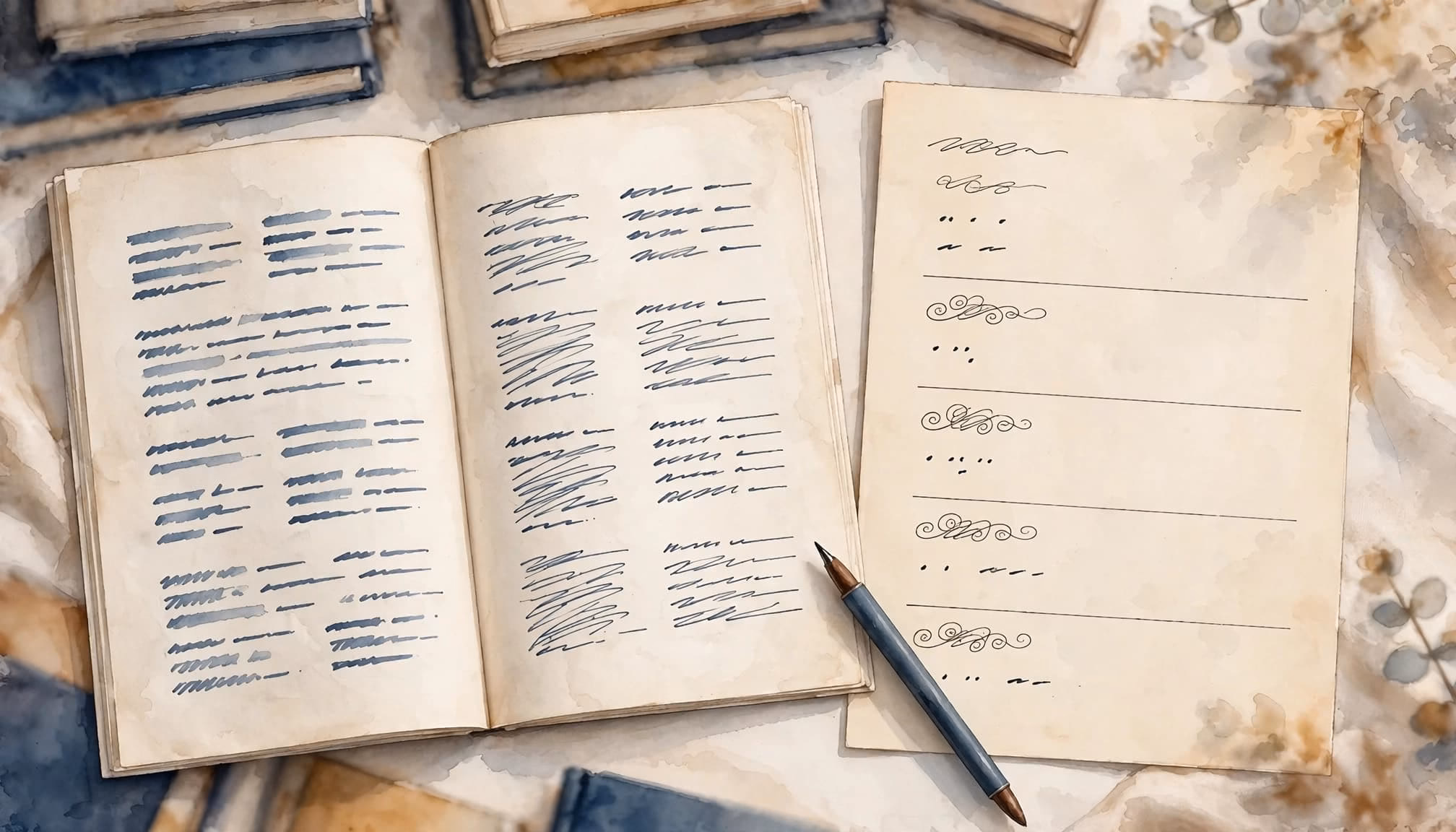 An overhead watercolor illustration of an open manuscript and a planning sheet with abstract marks and a pen.