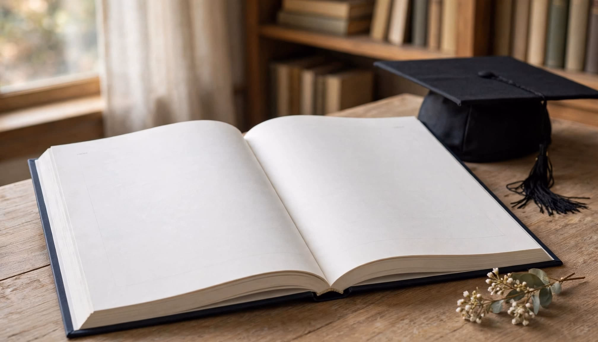 An open blank book and a graduation cap sit on a wooden desk near a window and bookshelves.