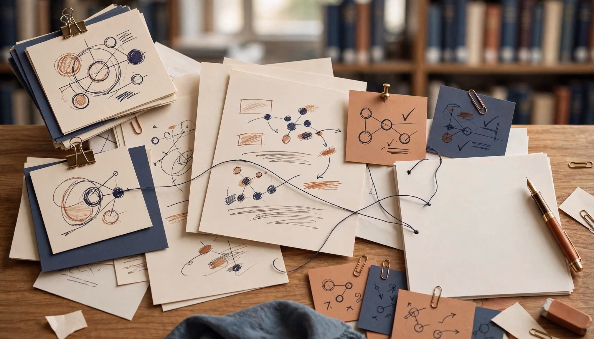 An overhead view of papers, notes, strings, and a pen on a wooden table.