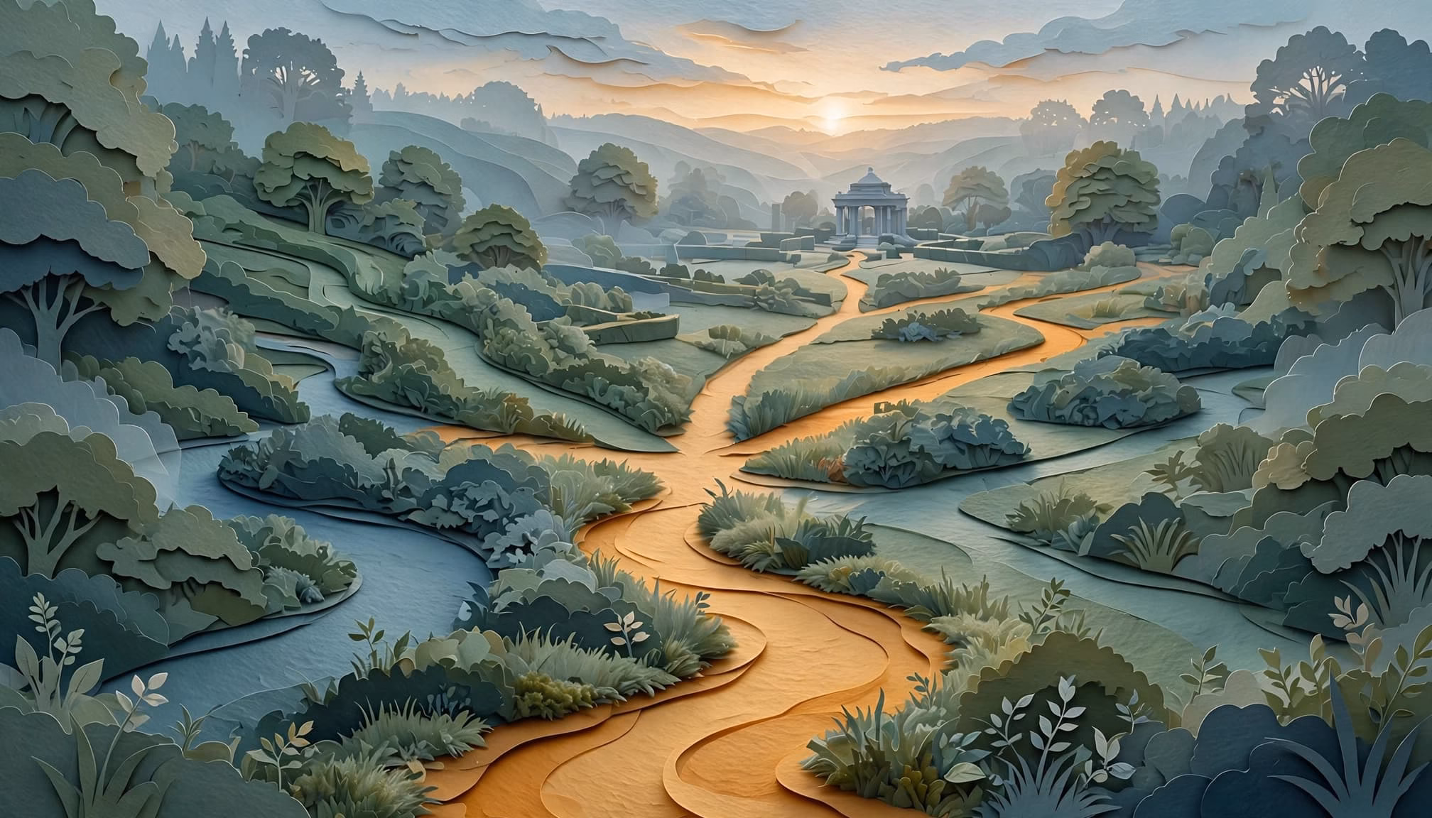 A paper-cut style editorial illustration of a branching garden path leading toward a distant pavilion at dawn.