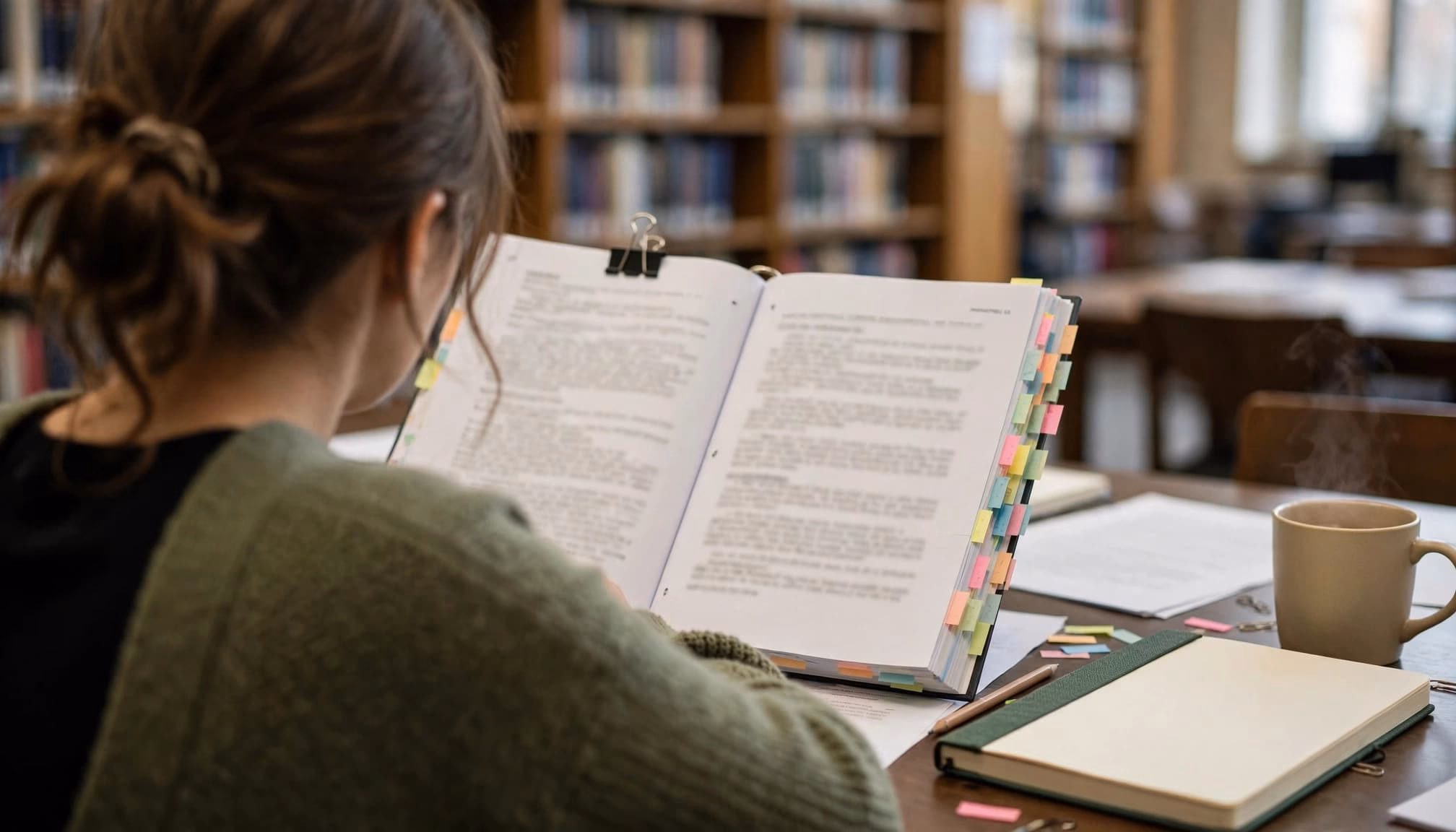 A student reviewing a bound thesis with colorful sticky tabs at a library table.