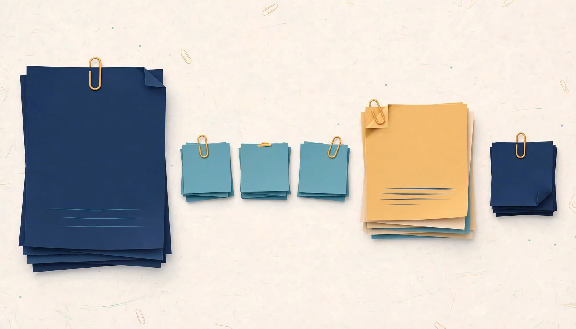 An illustration of paper blocks and sticky notes in navy, teal, and gold arranged horizontally.