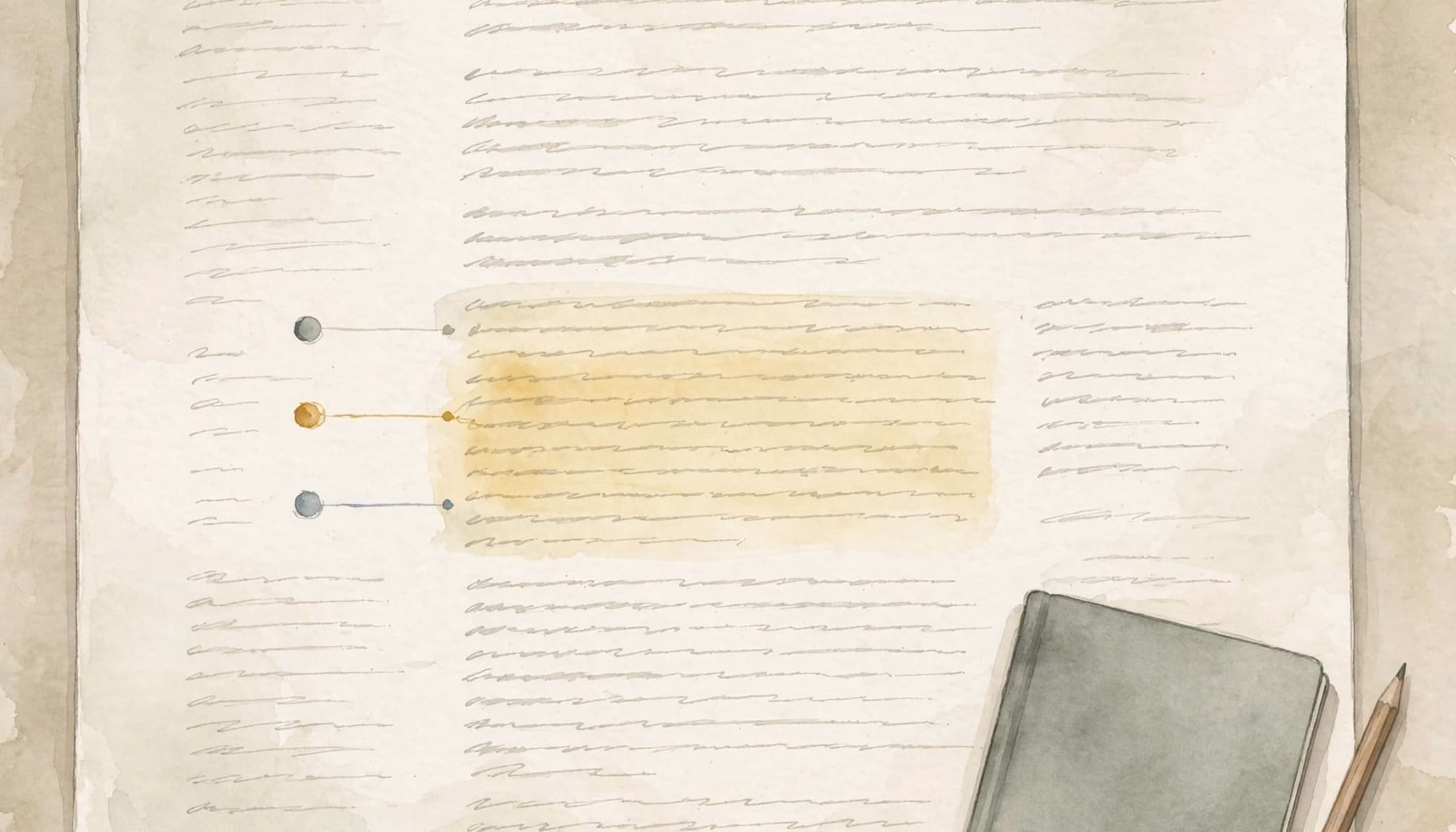 An overhead watercolor illustration of an essay with one highlighted paragraph and a notebook with a pencil.