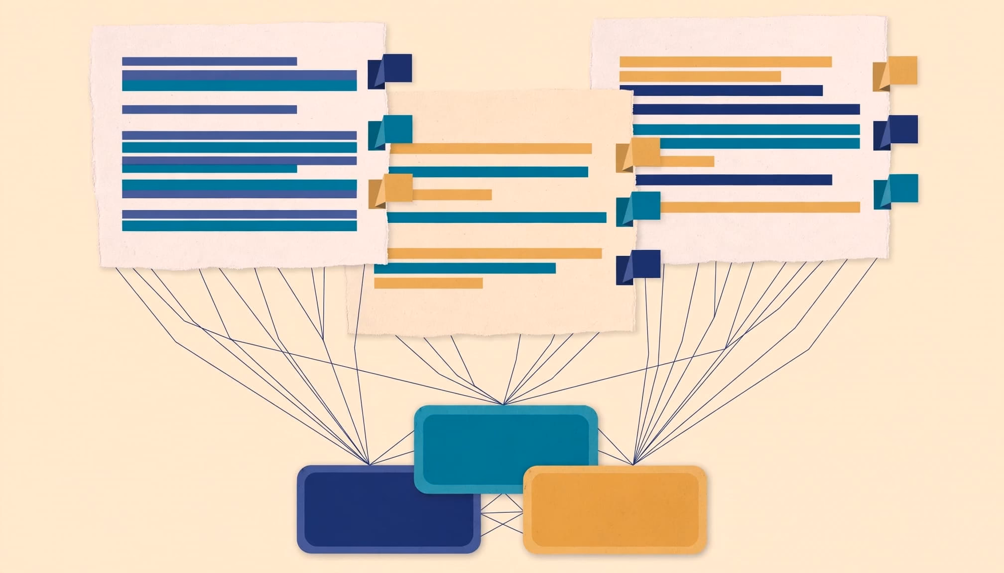Abstract paper sheets with coloured lines connecting to theme cards below on a warm background.