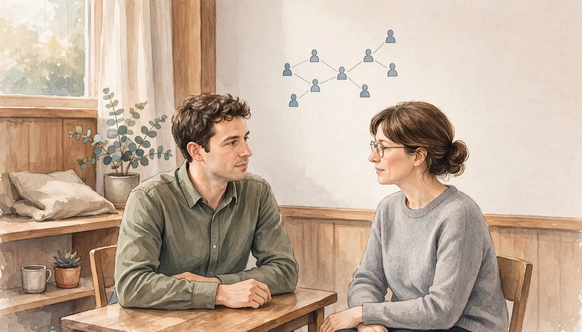An editorial watercolor illustration of two people sitting at a wooden table in a room talking.
