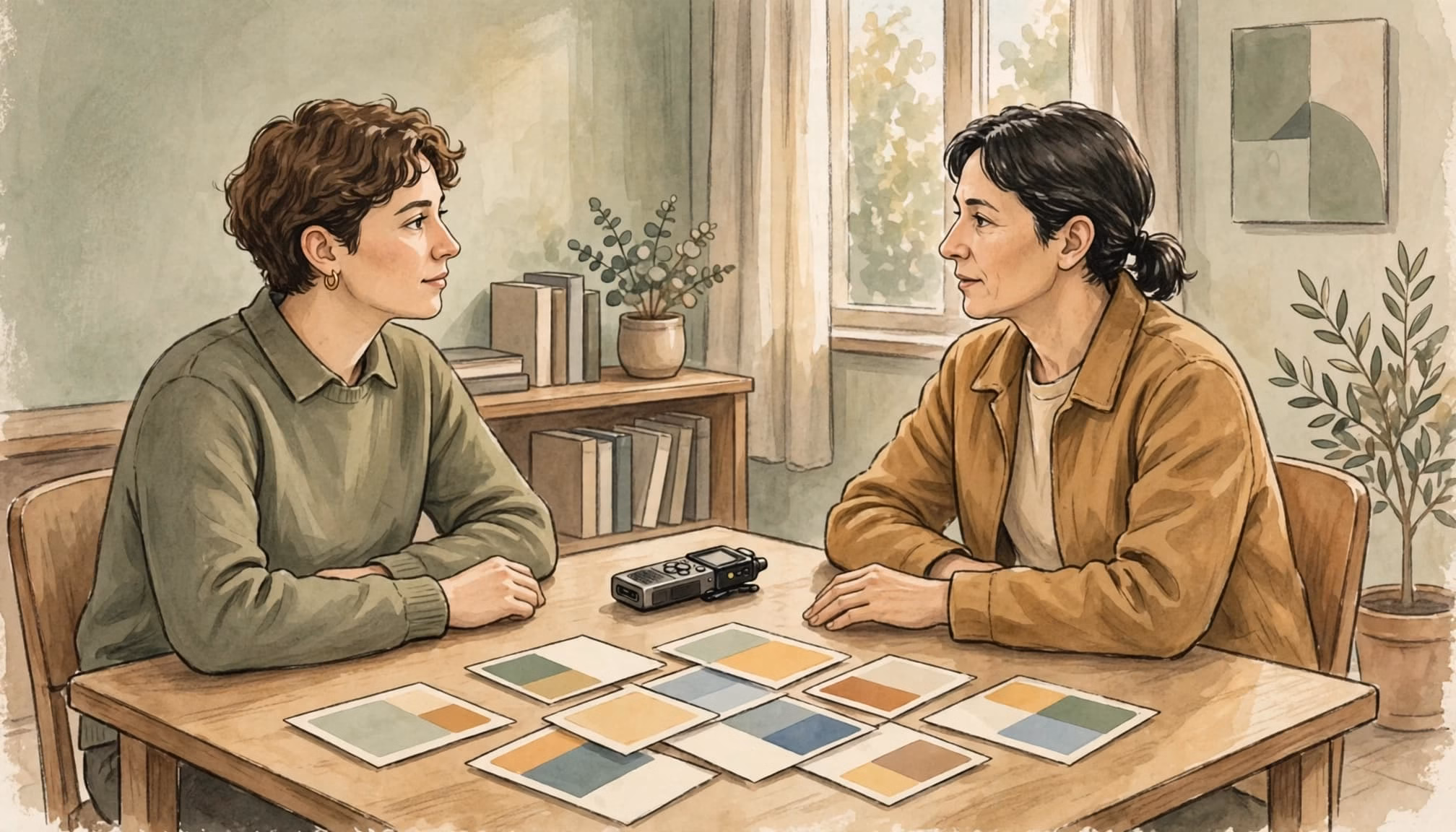 Two people sitting across a table with color-swatch cards and a voice recorder.