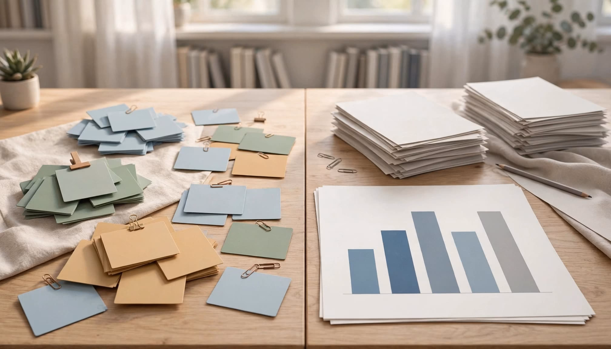 A wooden table with colored quotation cards on the left and a data chart and stacks of paper on the right.