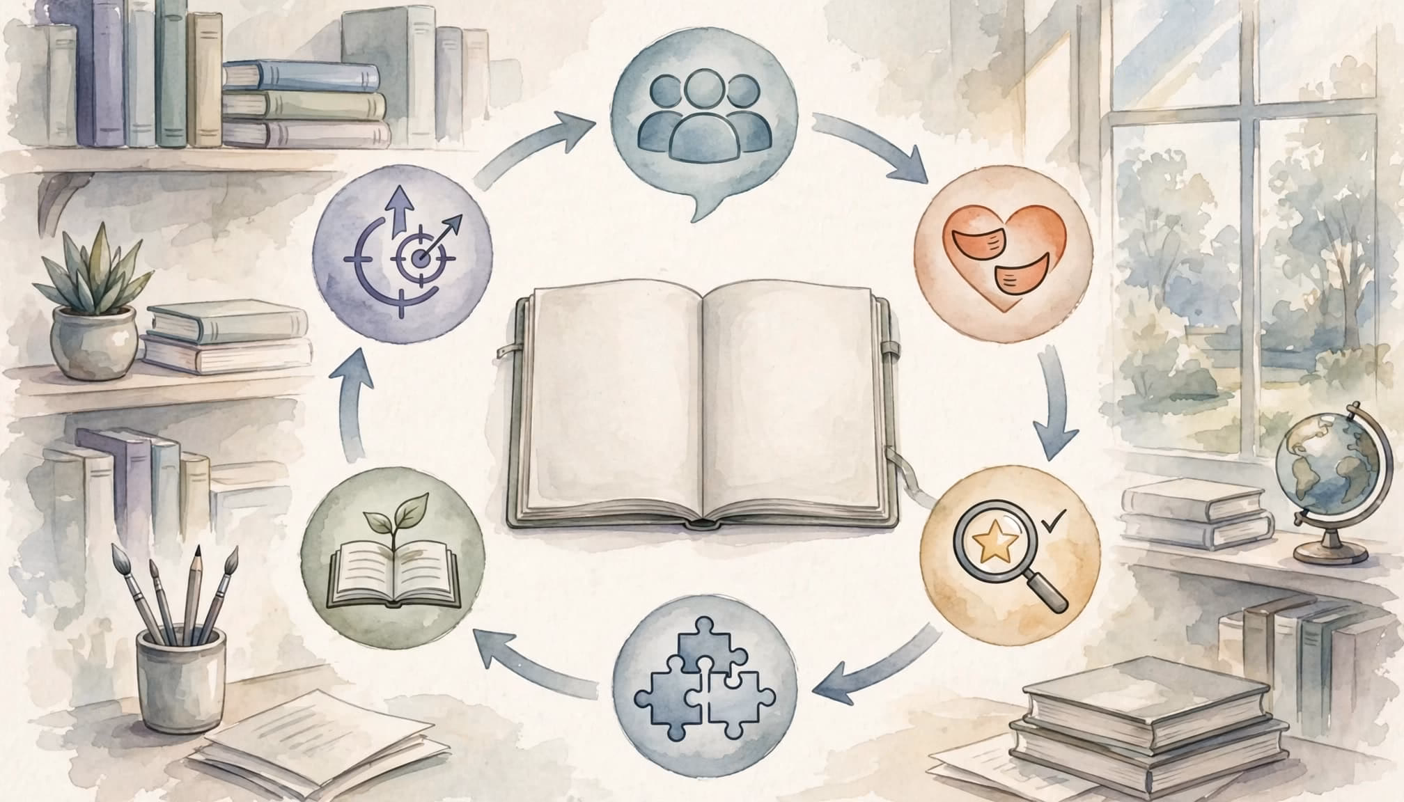 A watercolor illustration of a central open notebook surrounded by six circular icons in a circular flow.