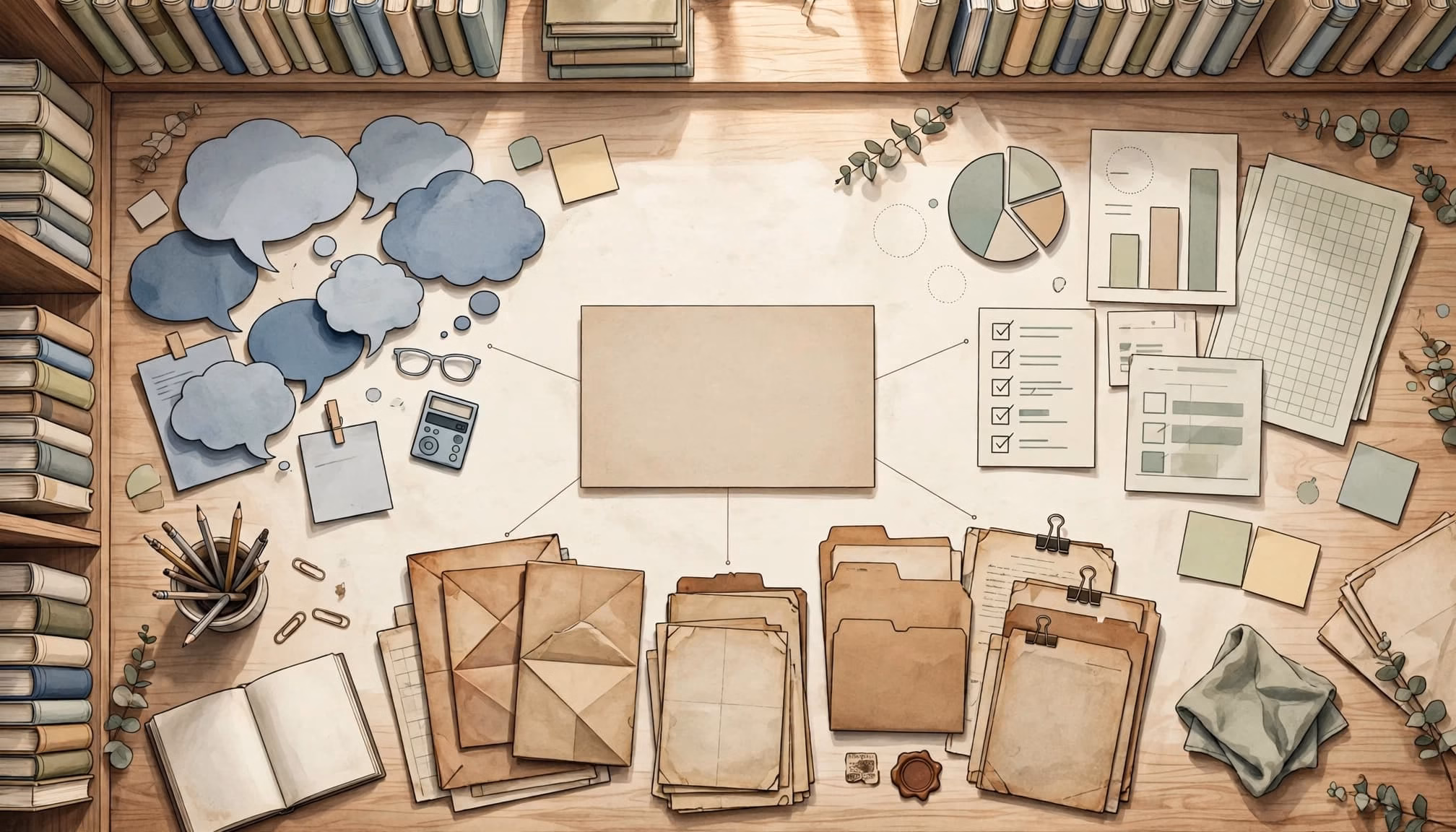Overhead view of a wooden study table with speech bubbles, charts, folders, and a central research card.