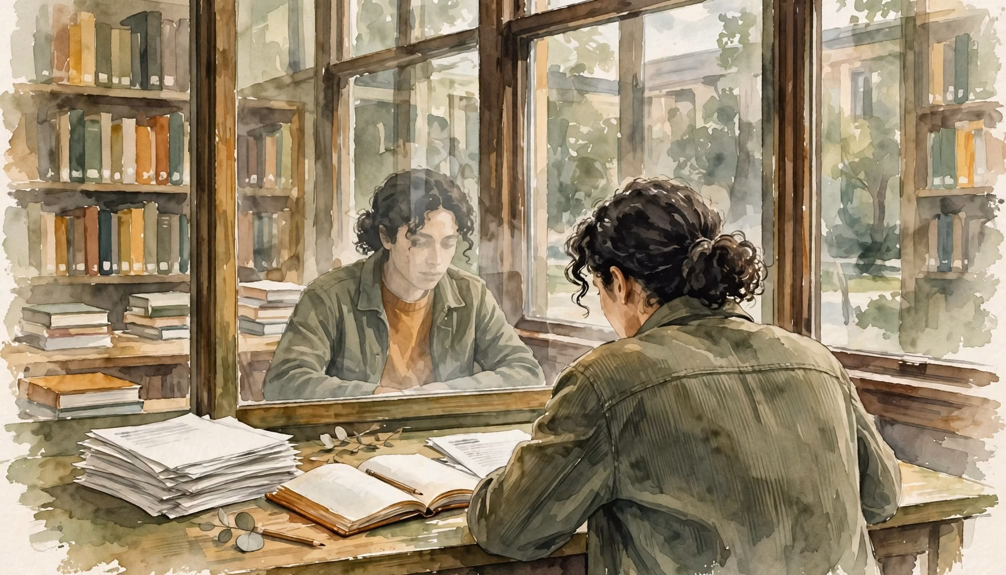A watercolor illustration of a researcher seen from behind looking at papers, with their reflection in a window.