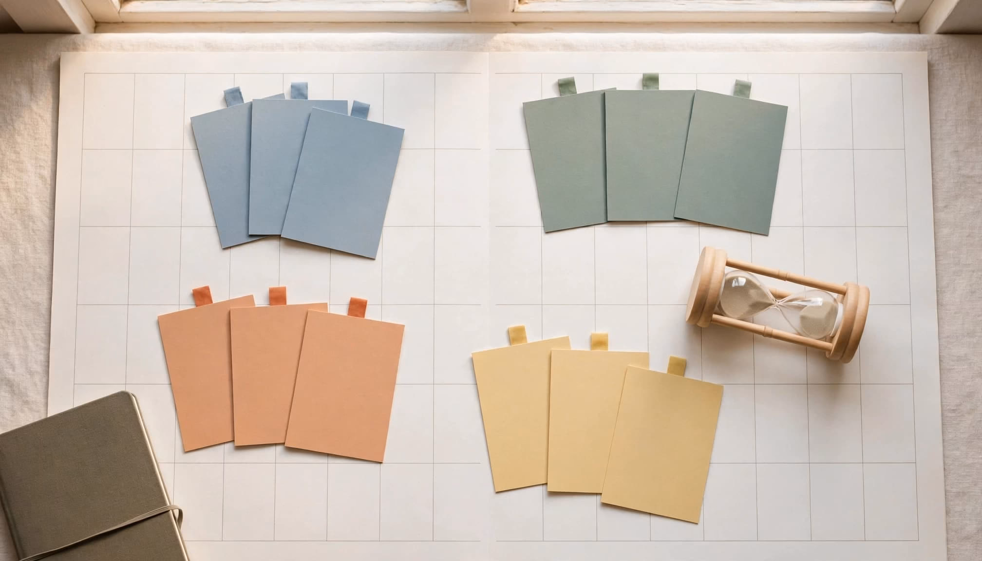 Study cards are spaced across a calendar beside an hourglass and closed notebook.