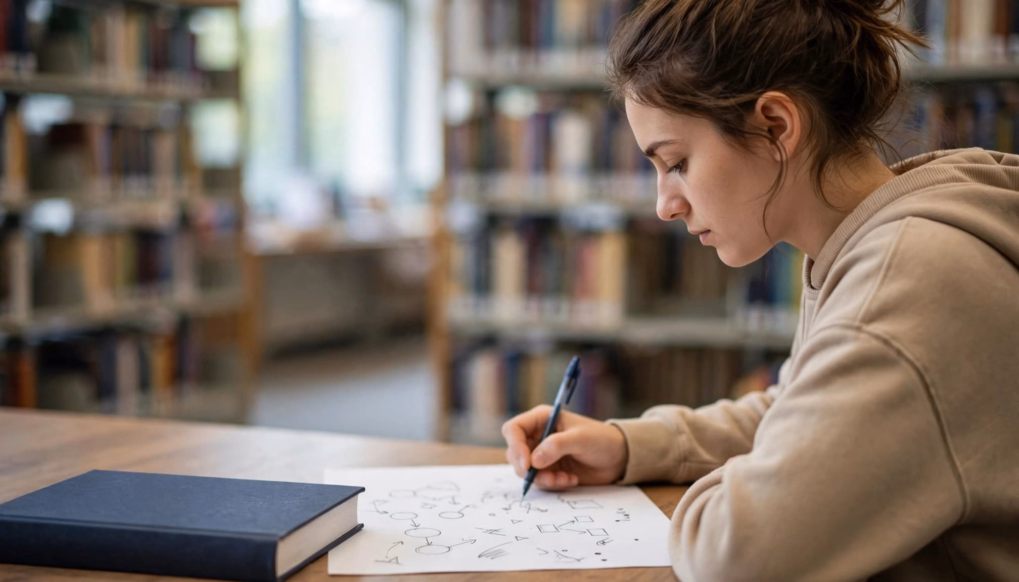 A student studies diagram marks on paper beside a closed book in a library.
