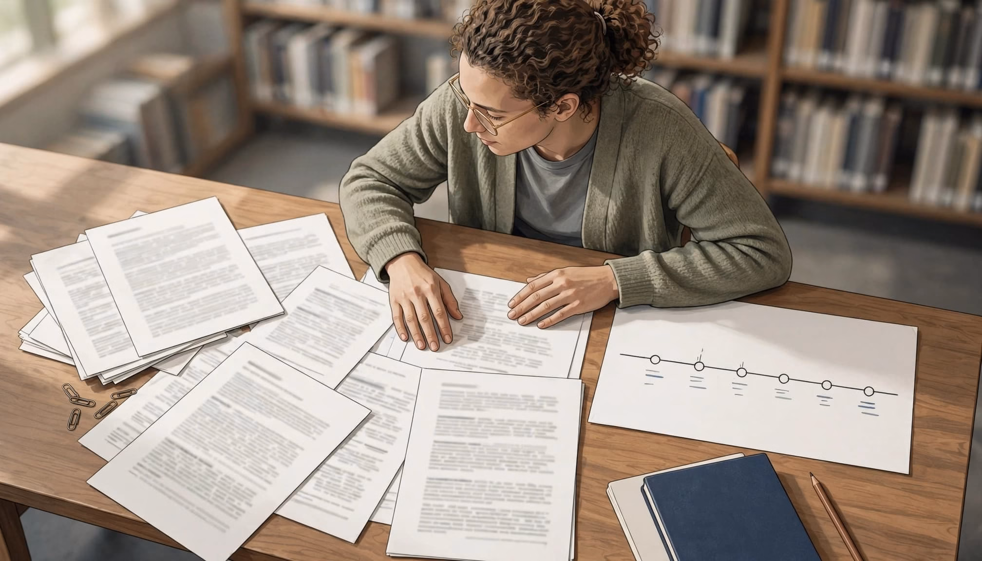A student in a library planning a proposal with research papers and a timeline chart on a wooden desk.