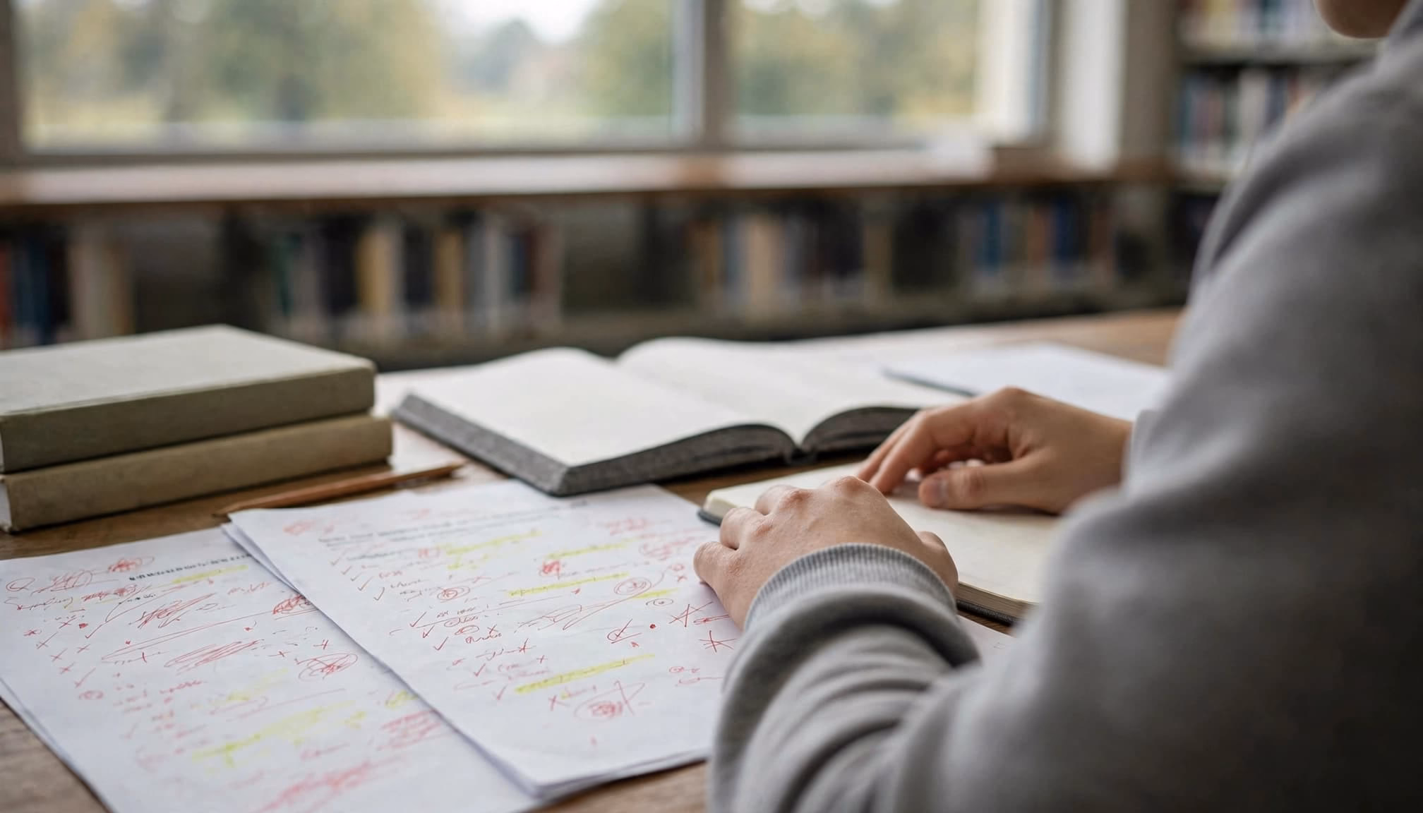 A student reviewing marked exam papers and a notebook at a library table.