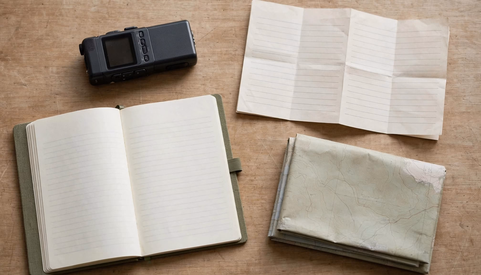 A still life of an audio recorder, an open notebook, a lined paper guide, and a folded map on a wooden table.