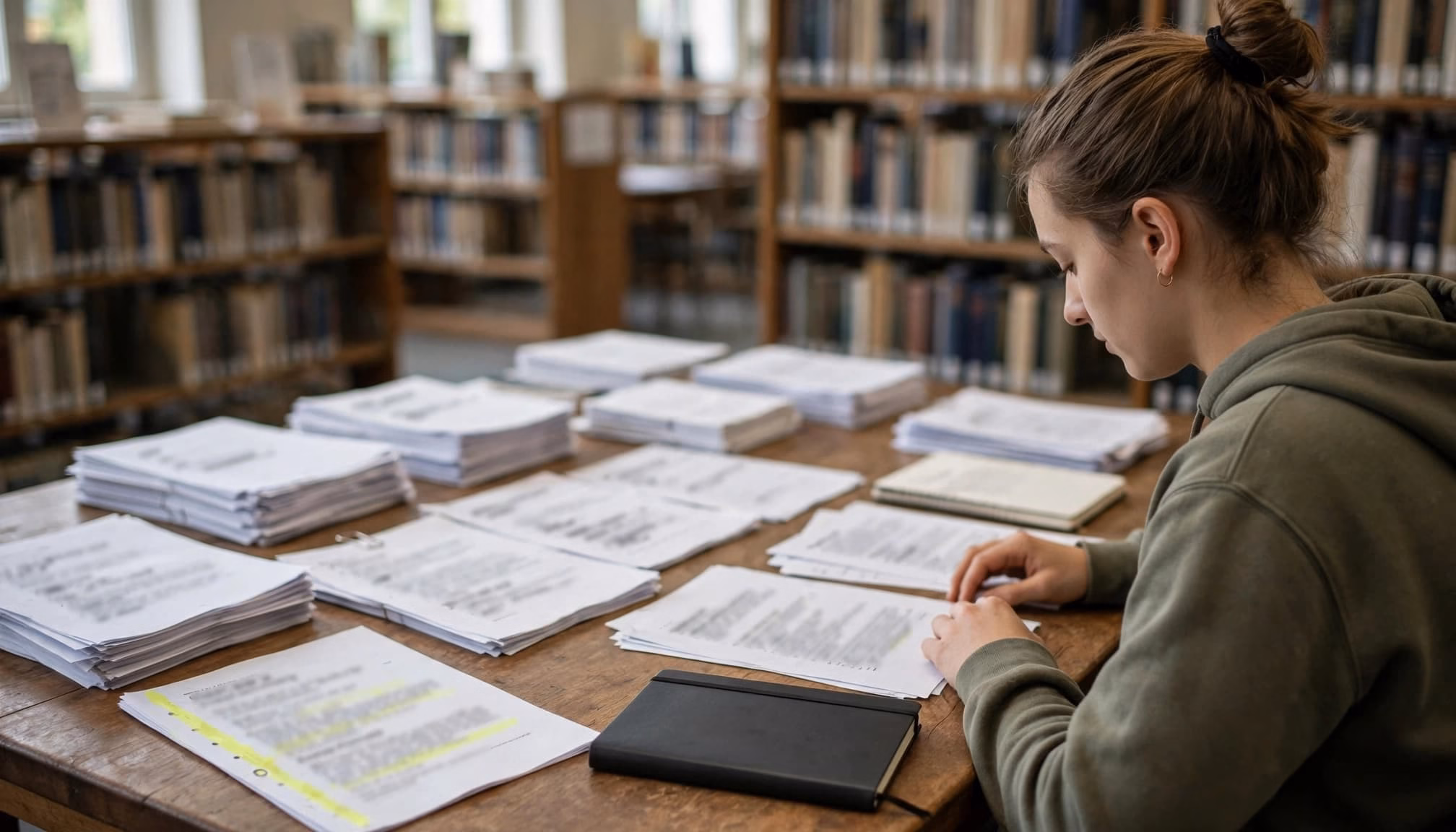 A student organizes research papers and a highlighted consent form at a library table.
