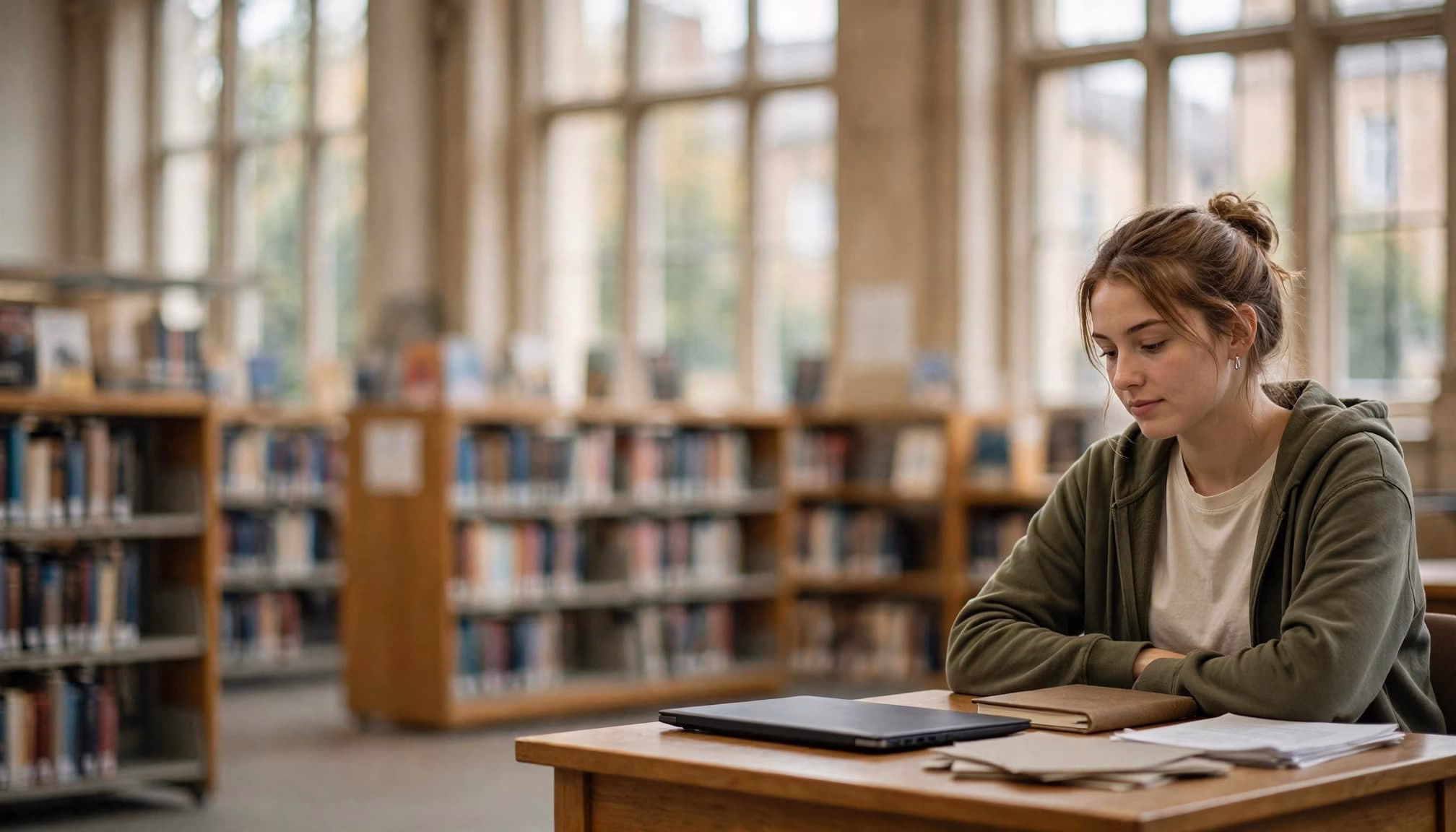A student sits at a library table with a laptop and papers.