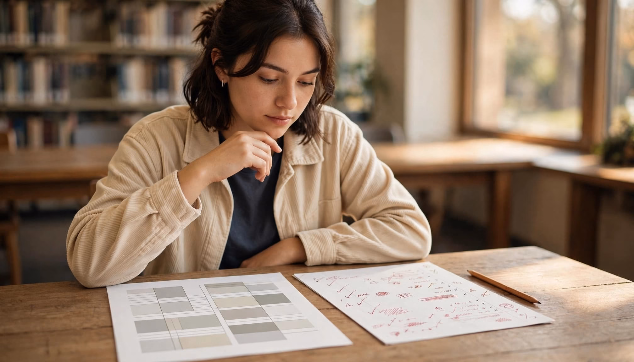 A student sits at a library table looking thoughtfully at a grid chart and a marked paper.