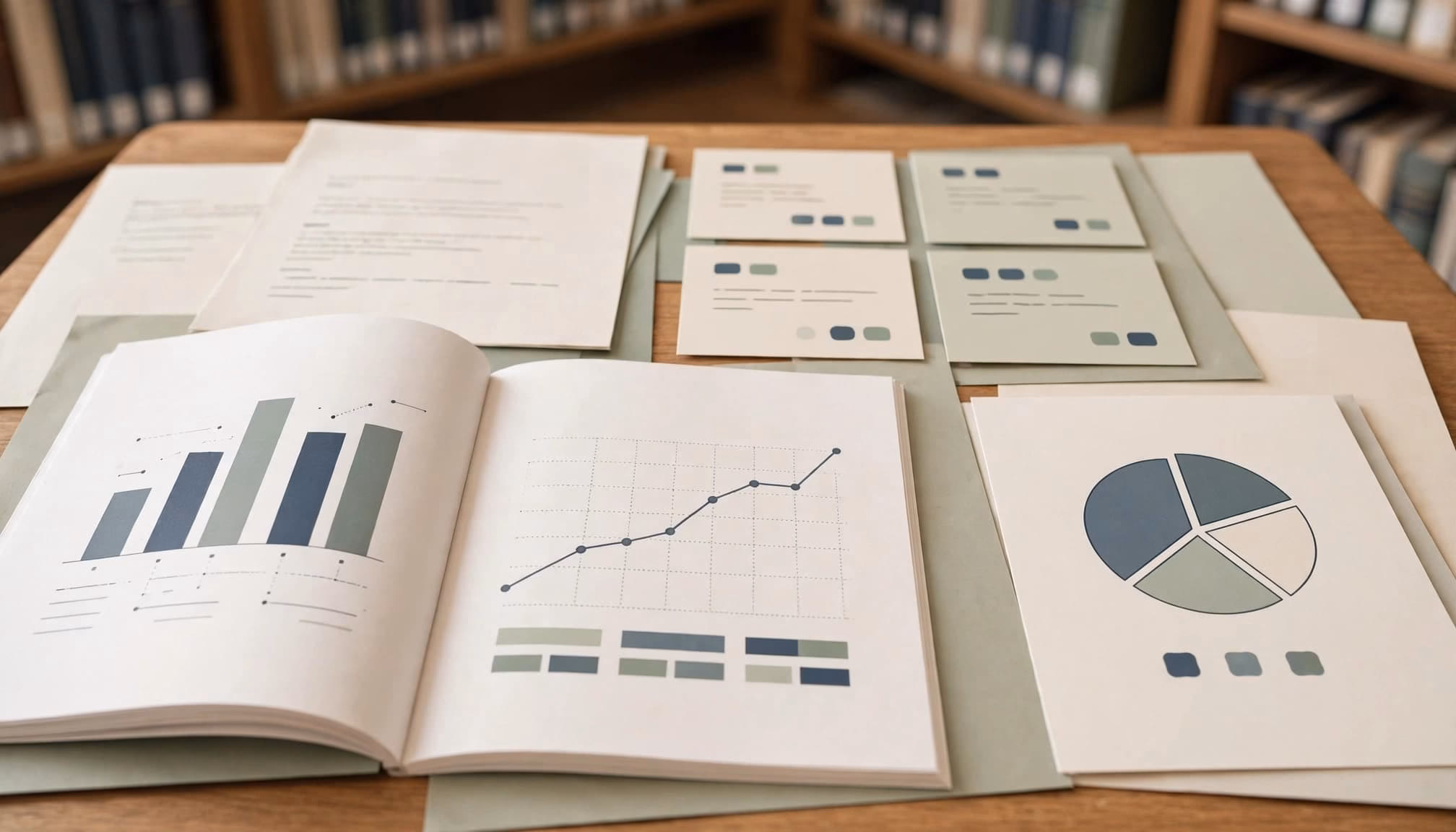 Open thesis pages with charts and notes on a wooden library table.