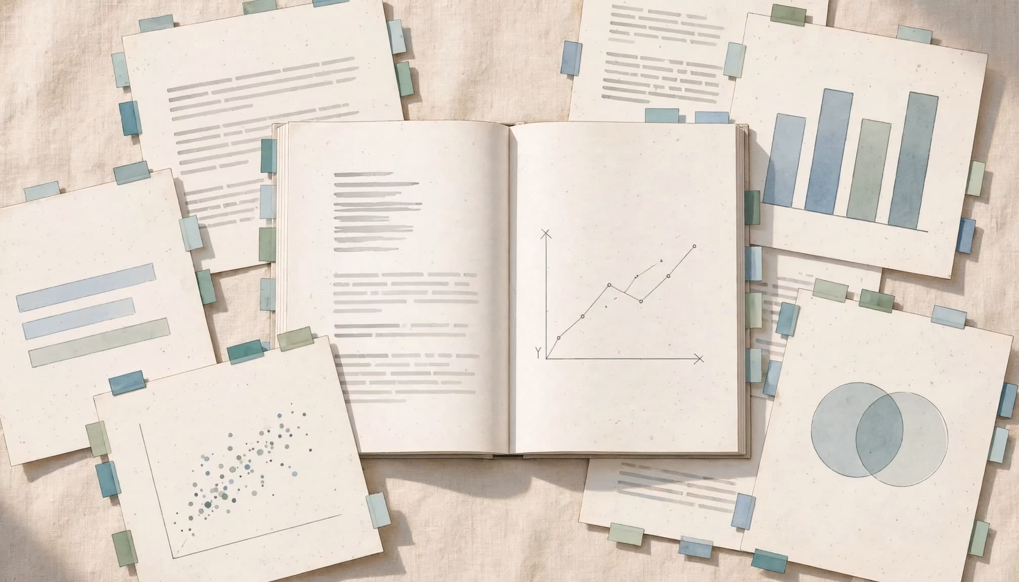 An overhead view of an open manuscript surrounded by research sheets with charts and sticky tabs.
