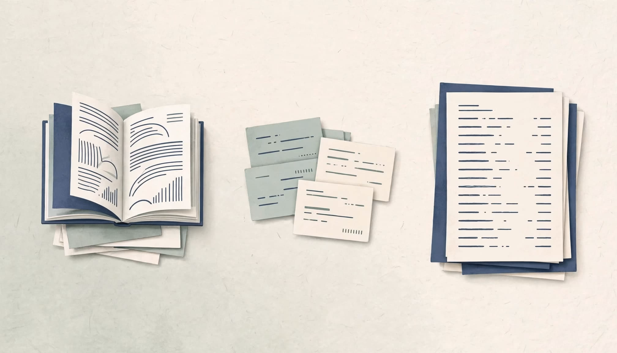An overhead view of an open book, reference cards, and papers with abstract lines on a table.