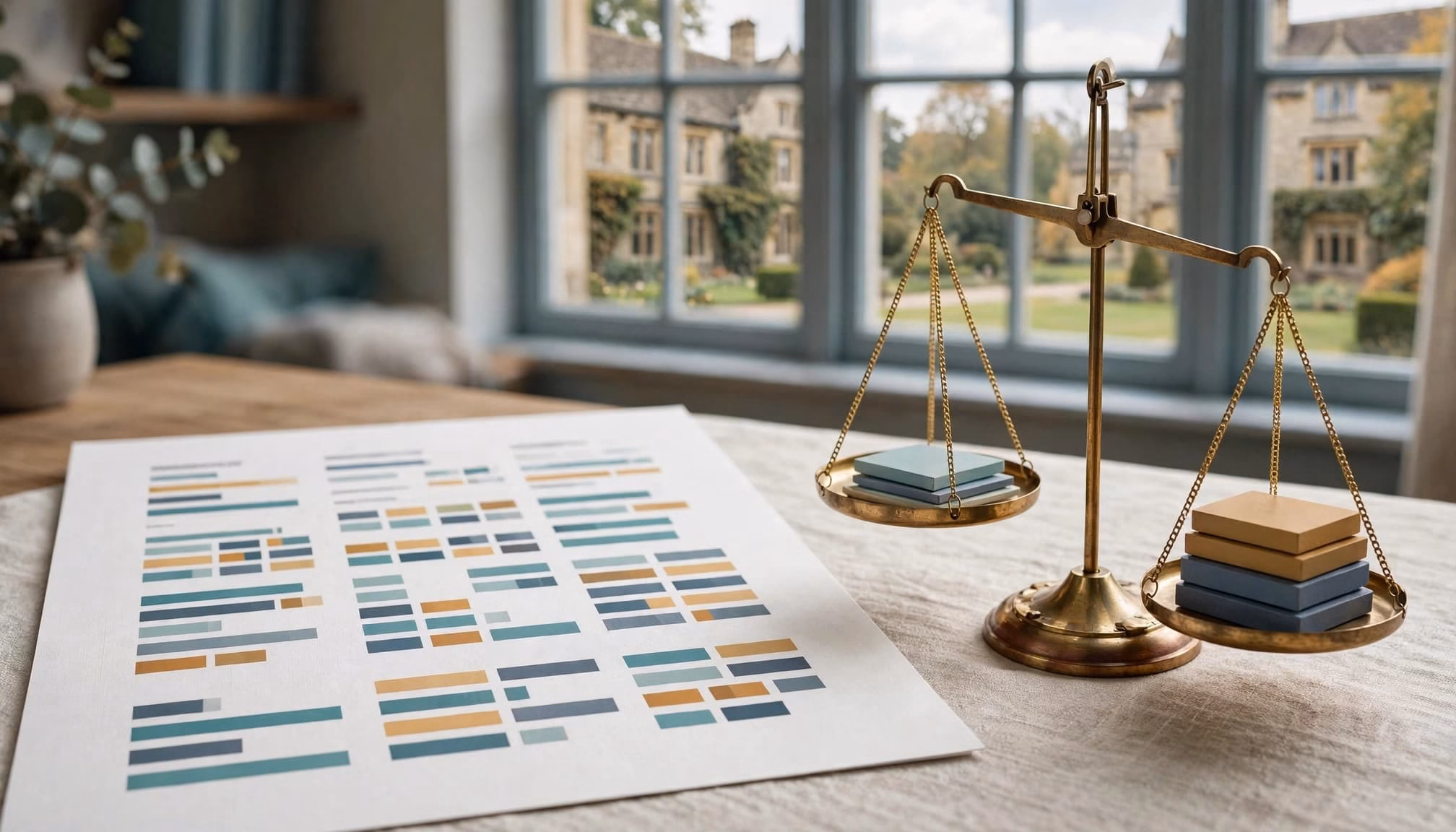 A balance scale with colored blocks sits on a table next to a sheet of abstract bar charts.