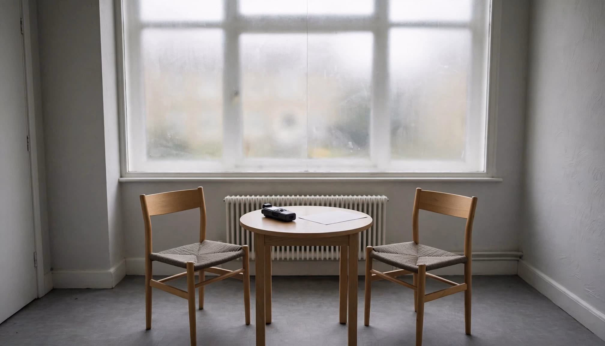 Two chairs and a small table with a recorder and paper in a softly lit room.