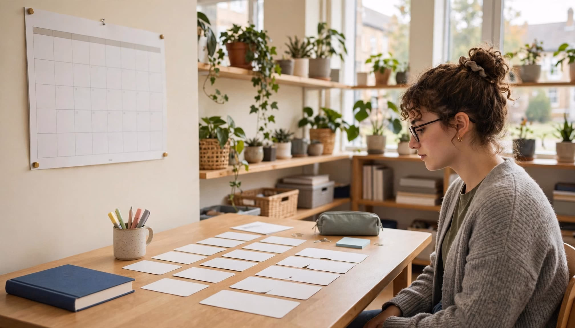 A student sits at a desk reviewing blank flashcards with a calendar on the wall.
