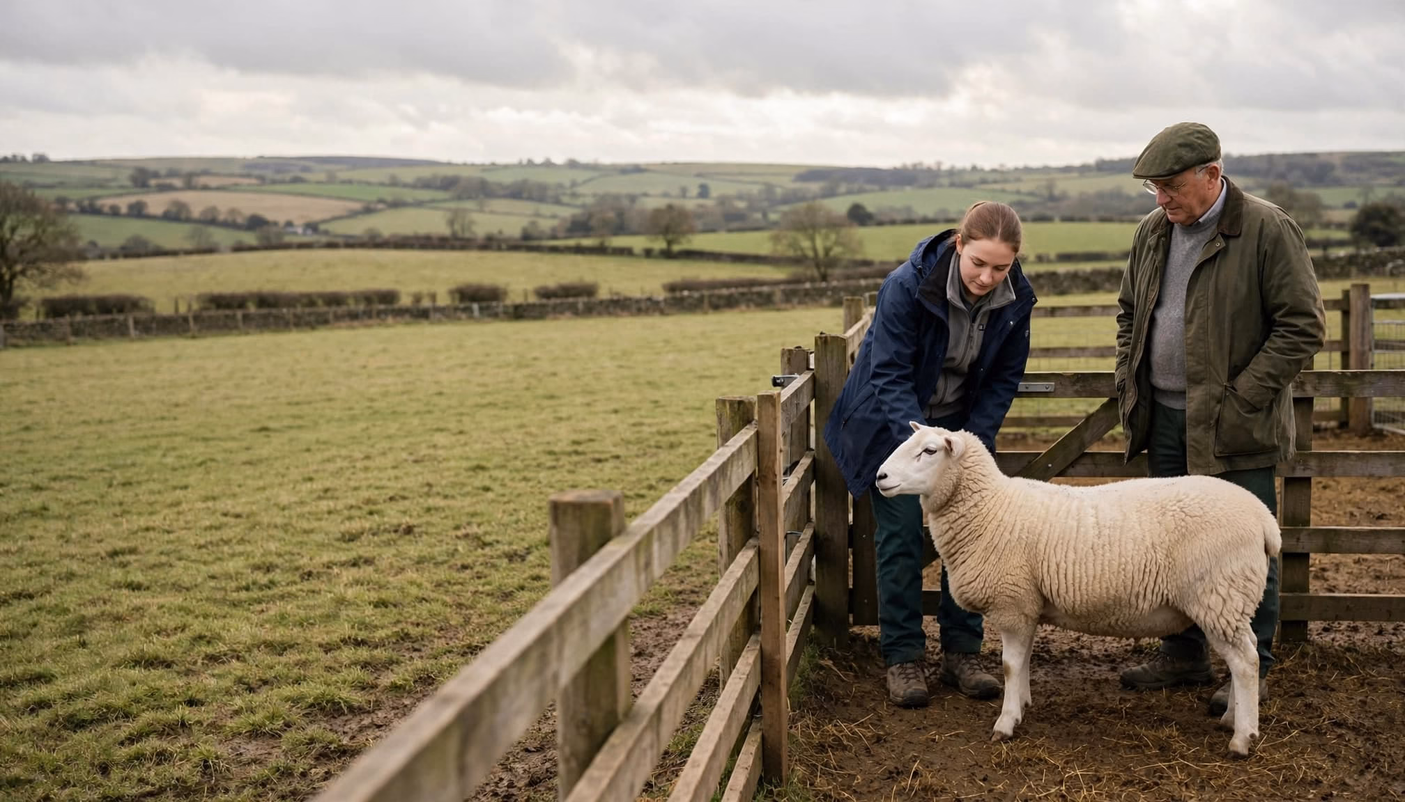 A student and mentor examine a sheep in a farmyard with rolling hills.