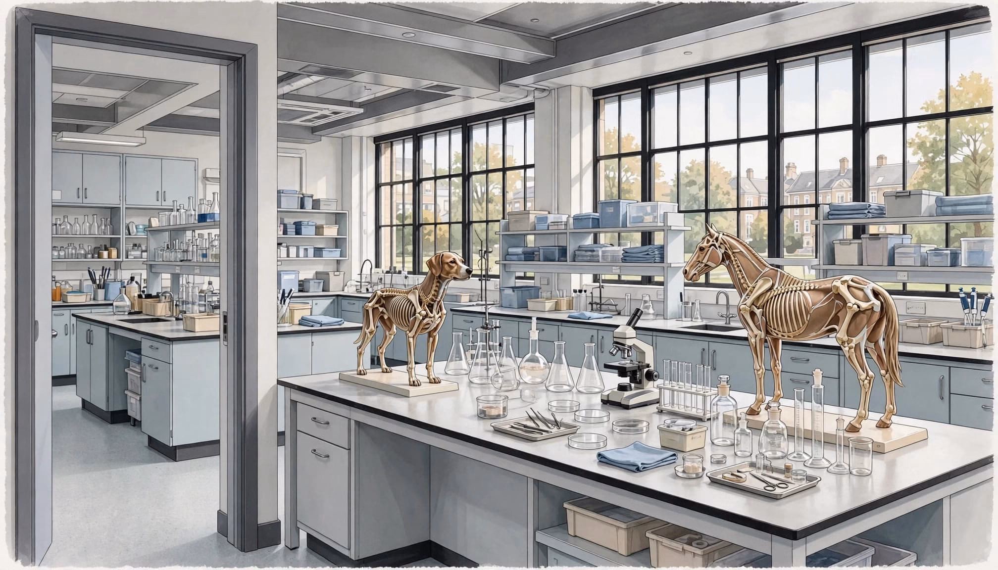 An illustration of a veterinary science lab with dog and horse anatomical models.